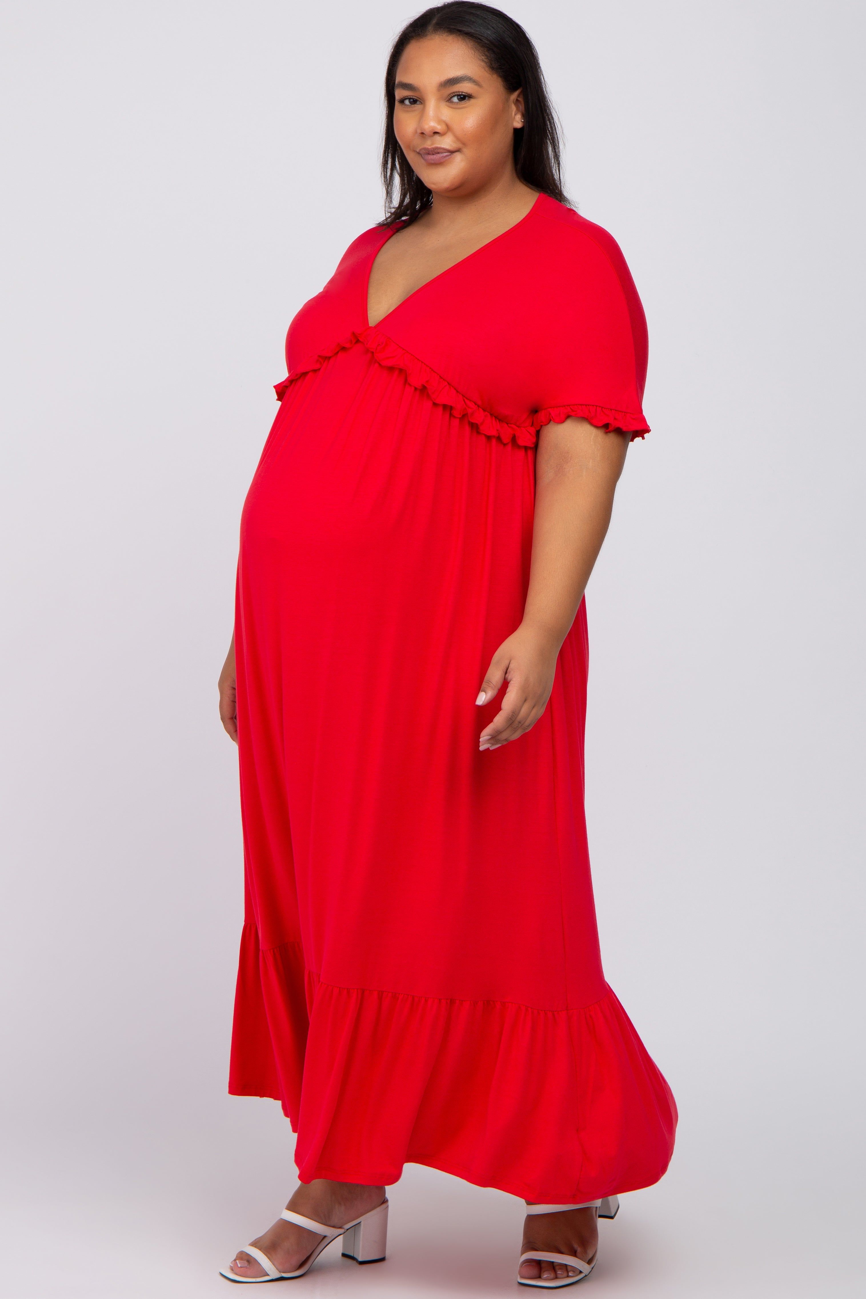 Red Solid Ruffle Maternity Plus Maxi Dress sold by Pinkblush product image thumbnail 2