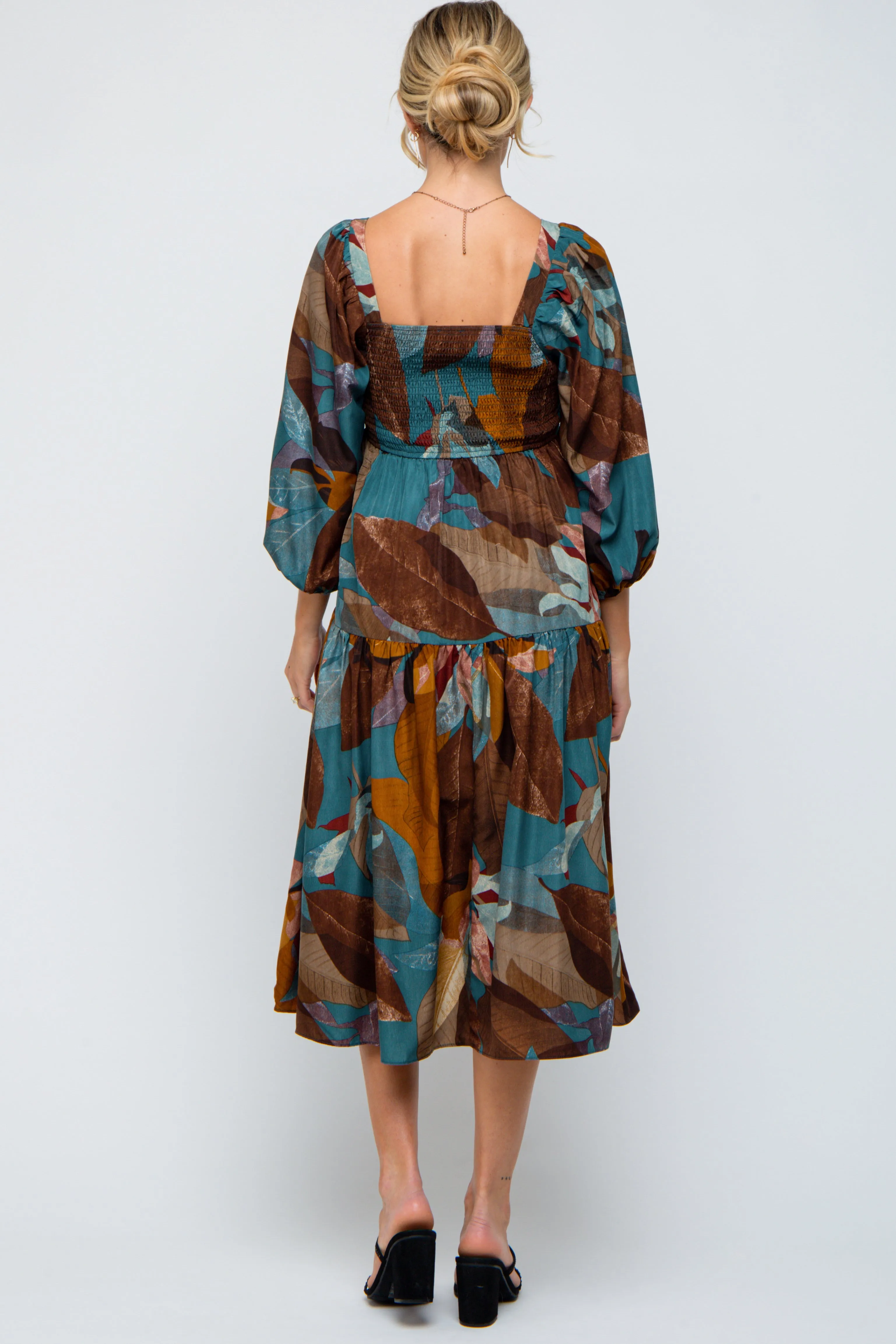 Teal Leaf Print Square Neck Maternity Midi Dress sold by Pinkblush product image thumbnail 4