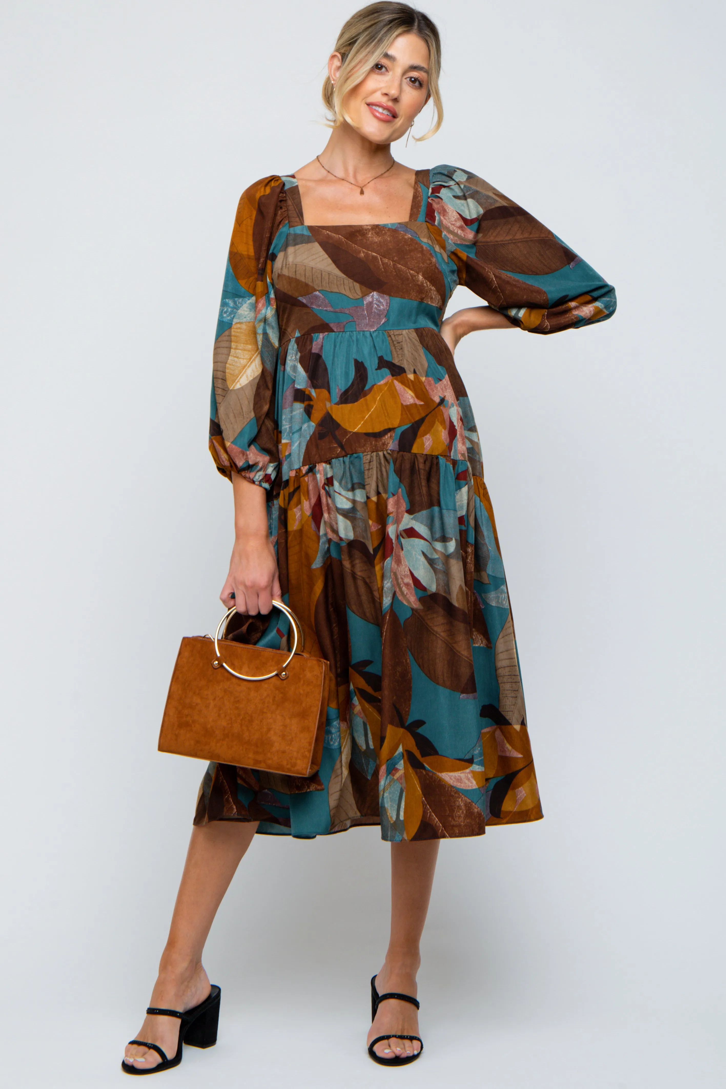Teal Leaf Print Square Neck Maternity Midi Dress sold by Pinkblush