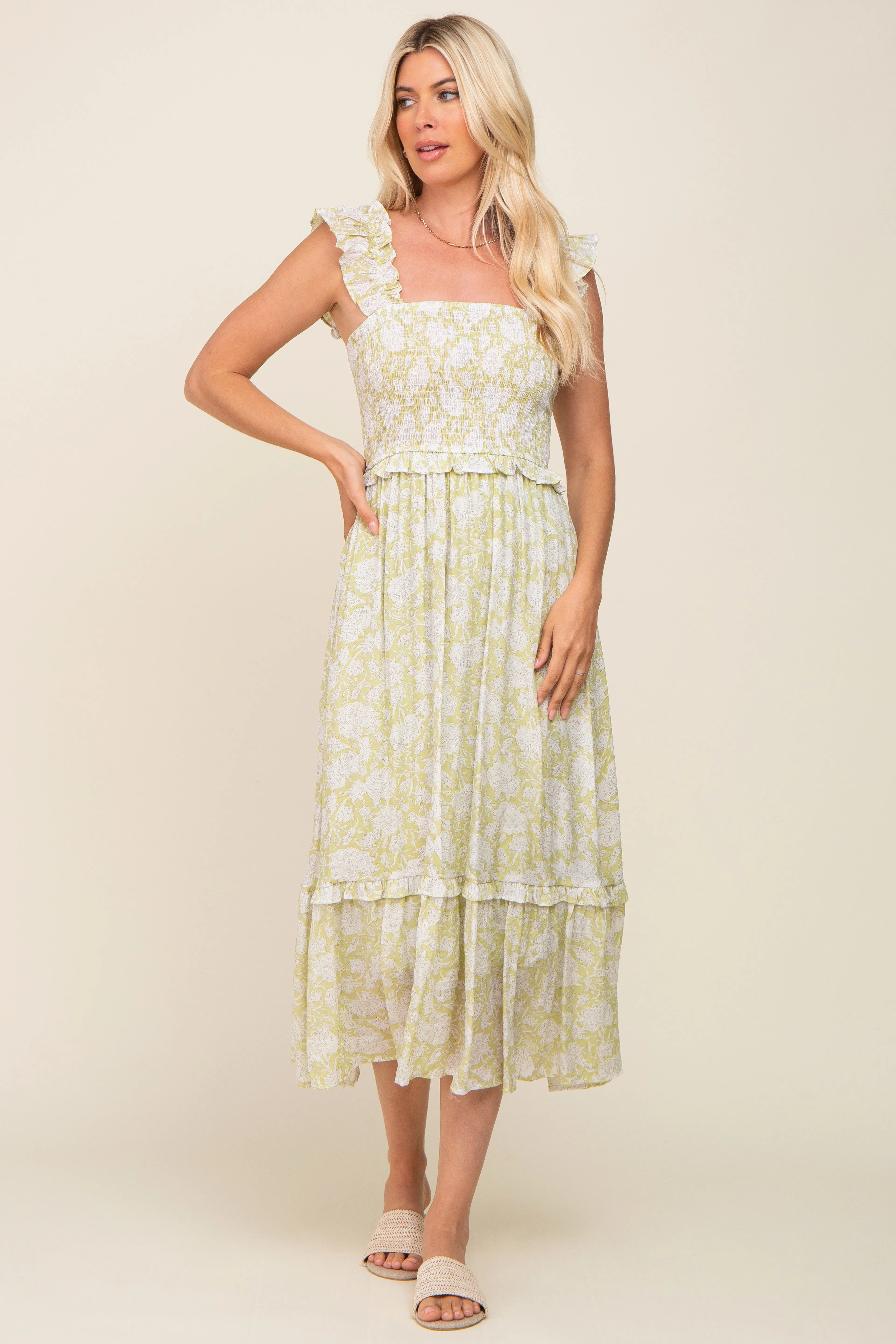 Light Olive Floral Ruffle Accent Smocked Midi Dress sold by Pinkblush product image thumbnail 4