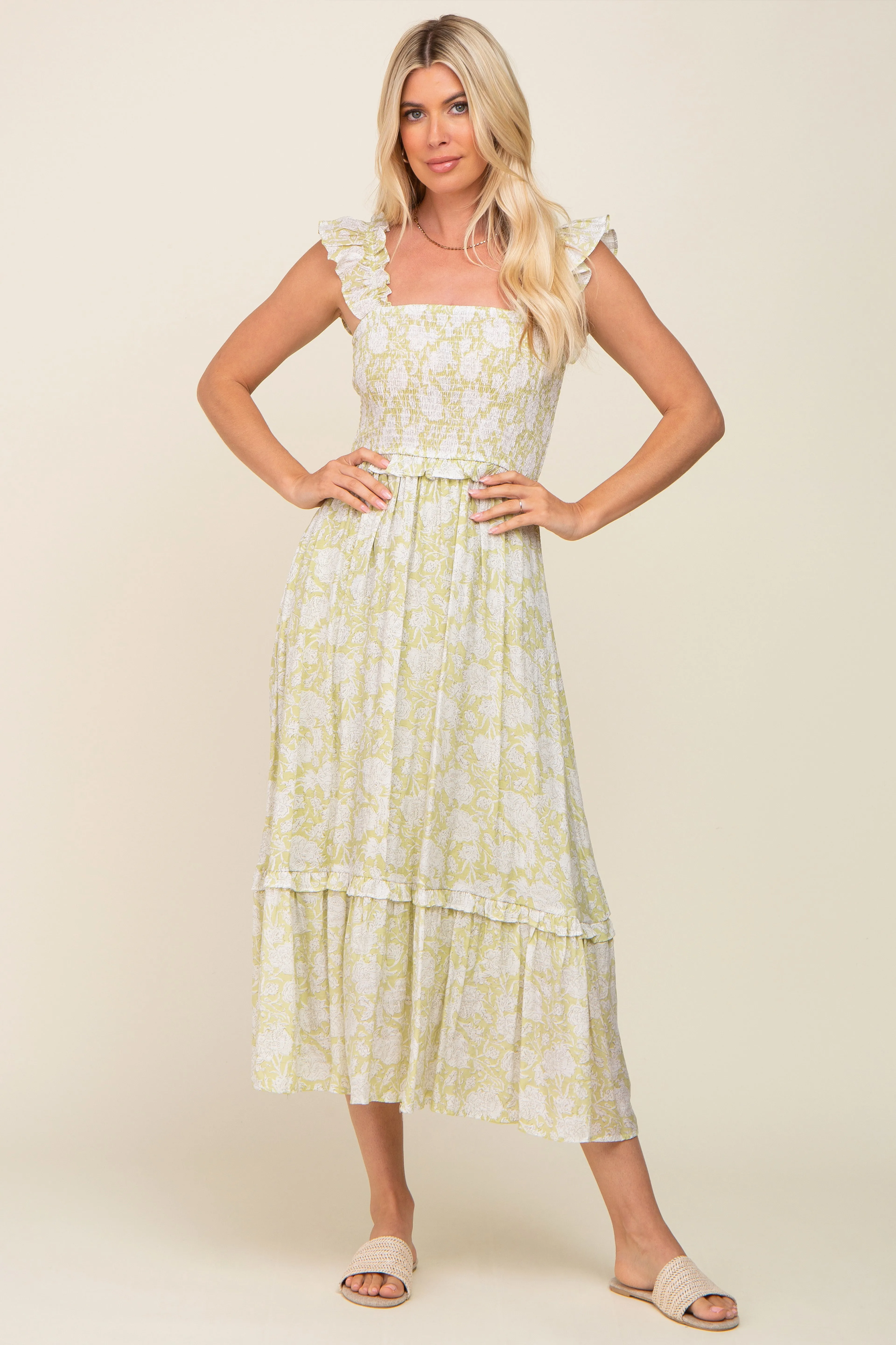 Light Olive Floral Ruffle Accent Smocked Midi Dress sold by Pinkblush
