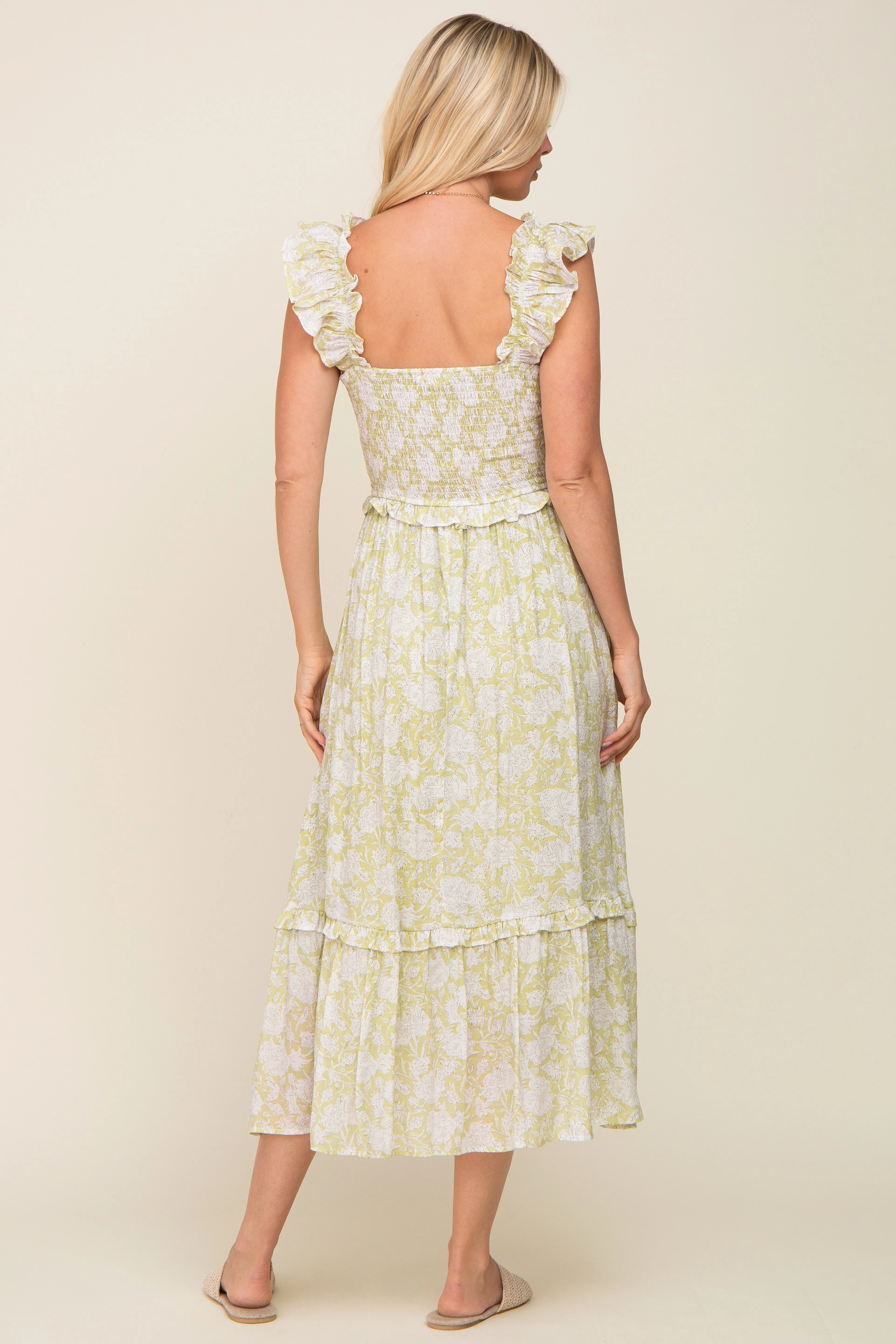 Light Olive Floral Ruffle Accent Smocked Midi Dress sold by Pinkblush product image thumbnail 3