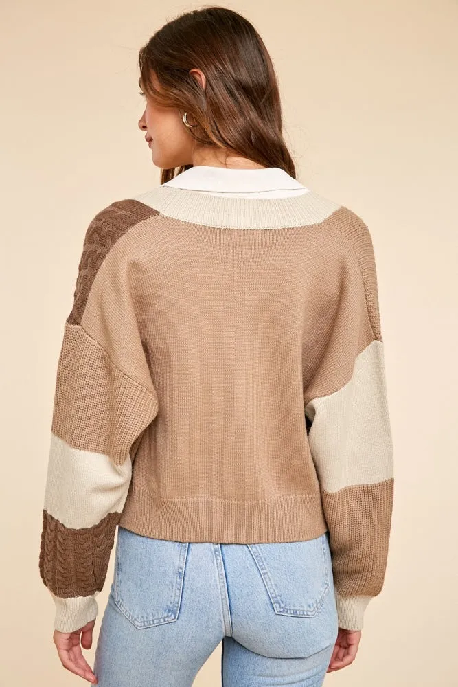 Beige Patchwork Color Block Cable Cardigan sold by Pinkblush product image thumbnail 4