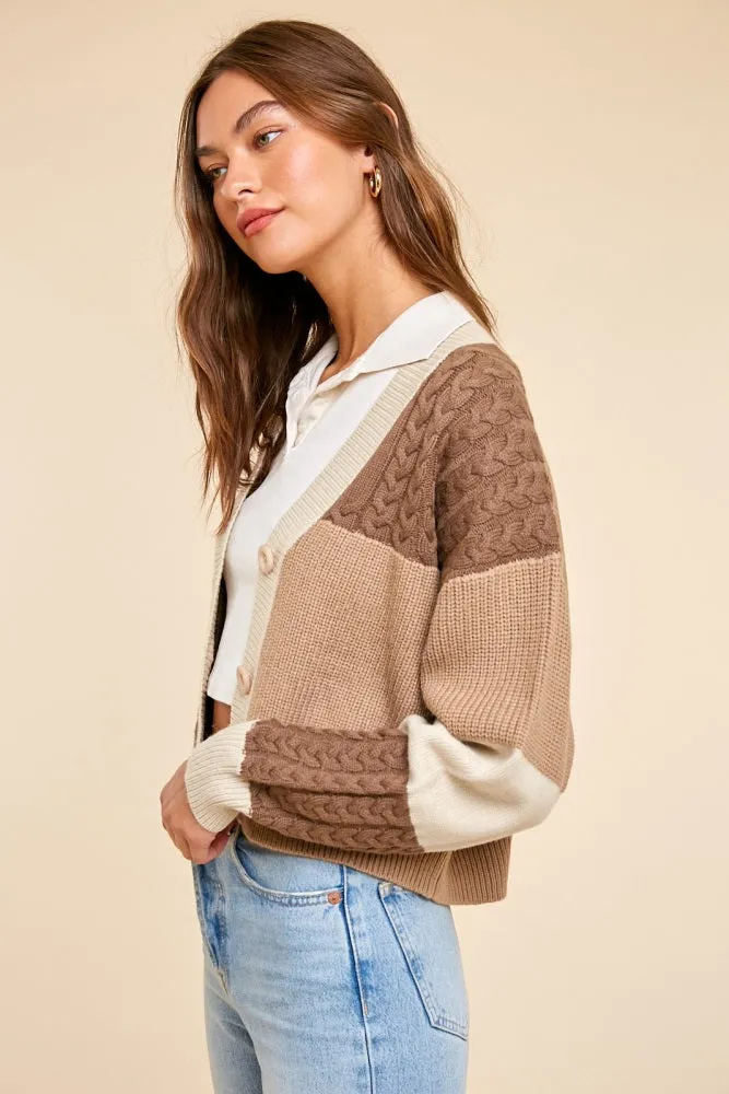 Beige Patchwork Color Block Cable Cardigan sold by Pinkblush product image thumbnail 2