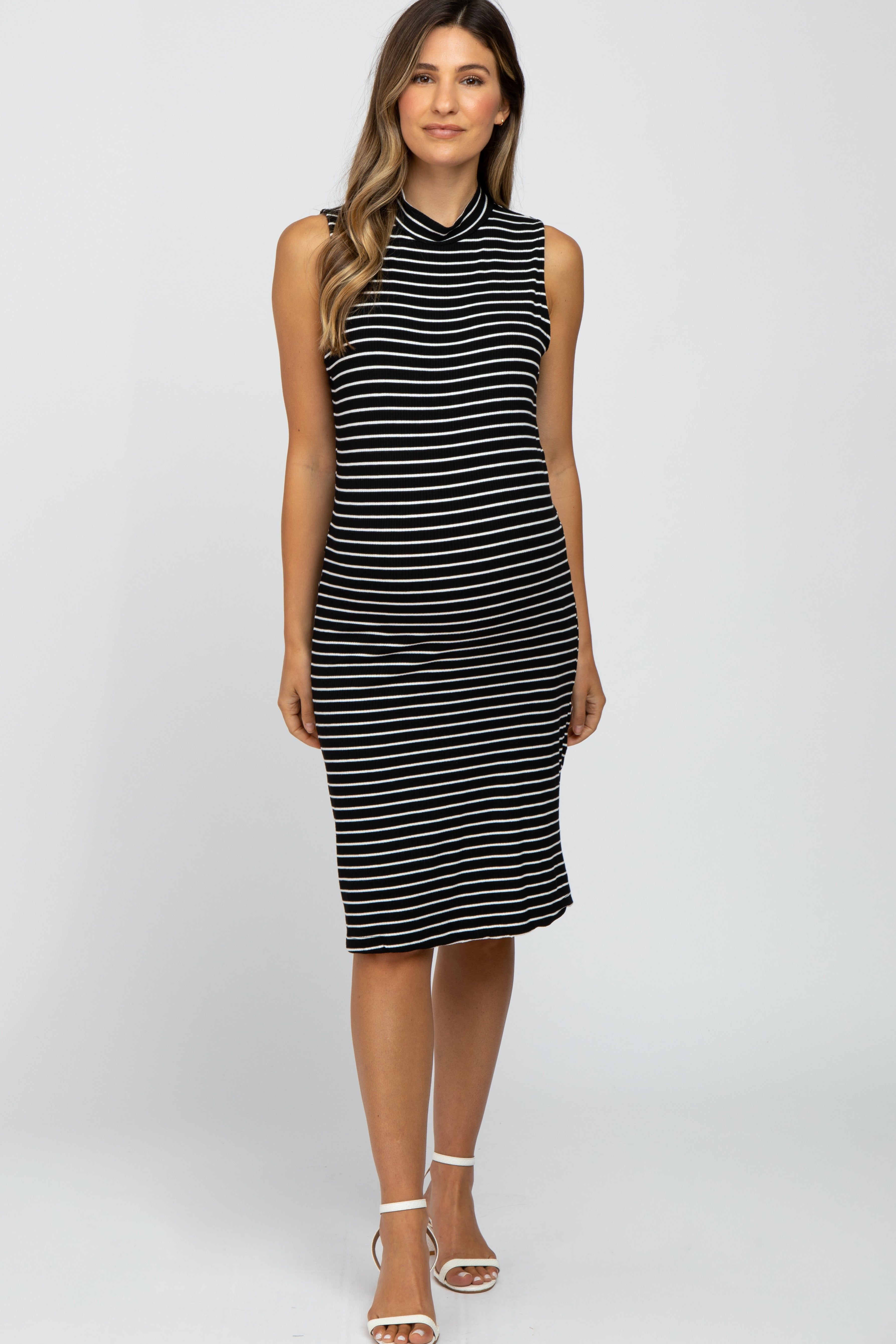 Black Striped Mock Neck Maternity Midi Dress sold by Pinkblush