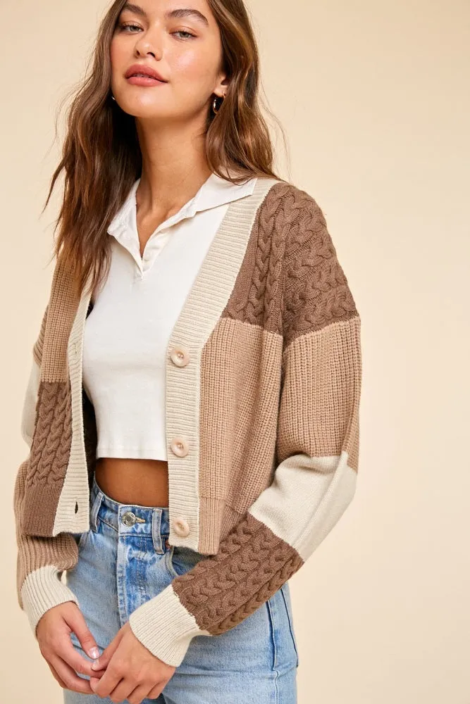 Beige Patchwork Color Block Cable Cardigan sold by Pinkblush