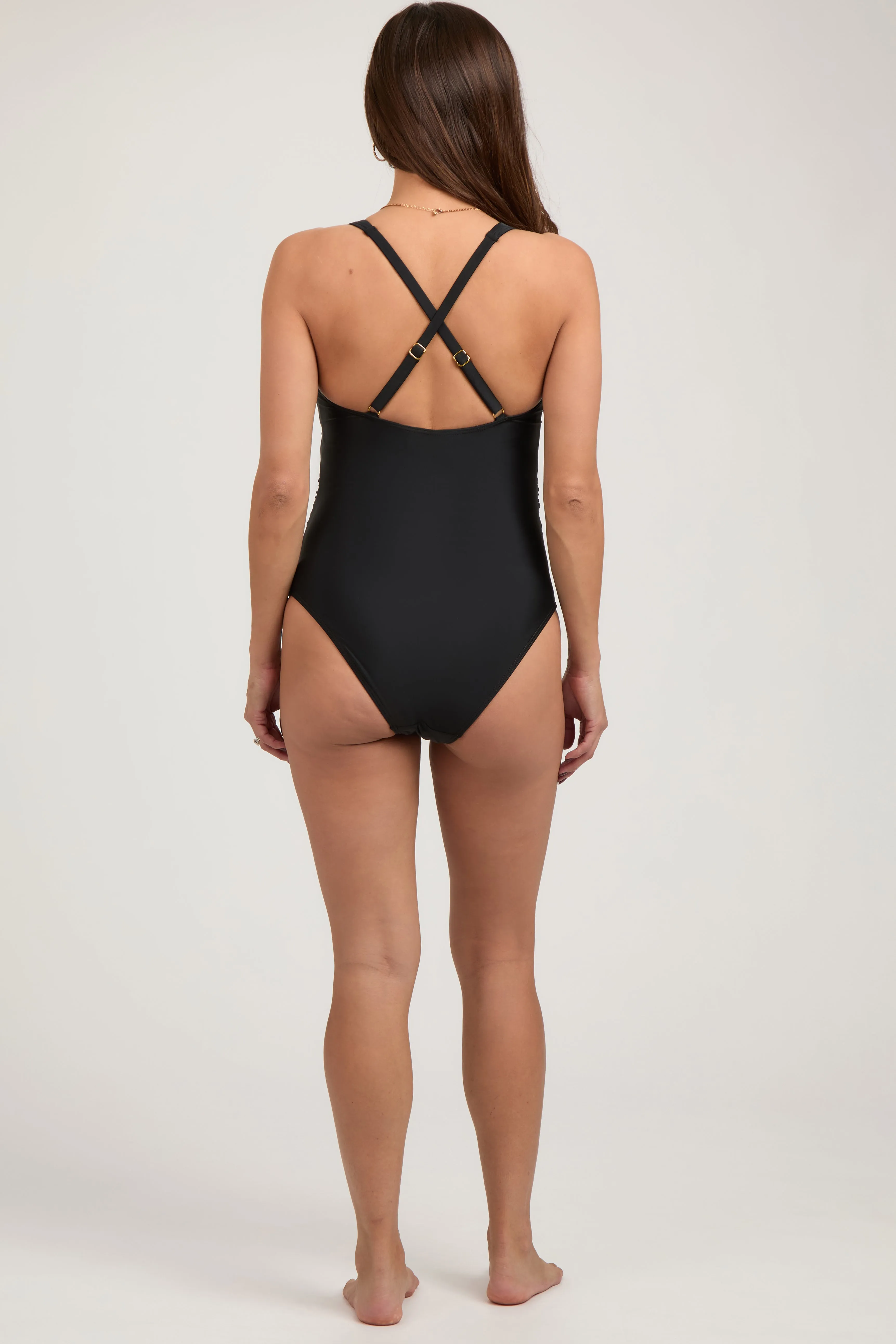 Black Tie Front V-Neck Criss Cross Back One-Piece Maternity Swimsuit sold by Pinkblush product image thumbnail 4