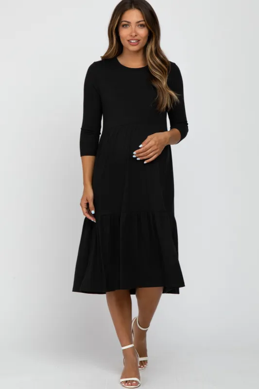 Black Tiered Ribbed 3/4 Sleeve Maternity Midi Dress sold by Pinkblush