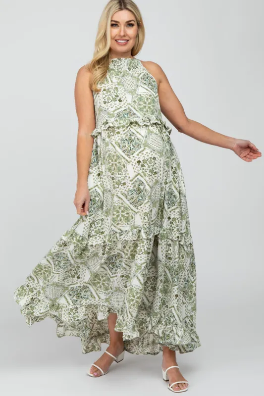 Green Floral Paisley Print Tiered Maternity Maxi Dress sold by Pinkblush