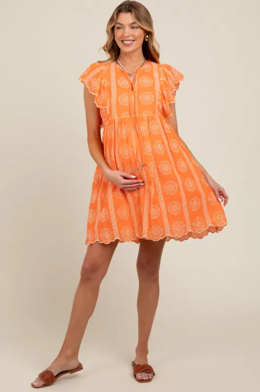 Orange Embroidered Flutter Sleeve Maternity Dress sold by Pinkblush