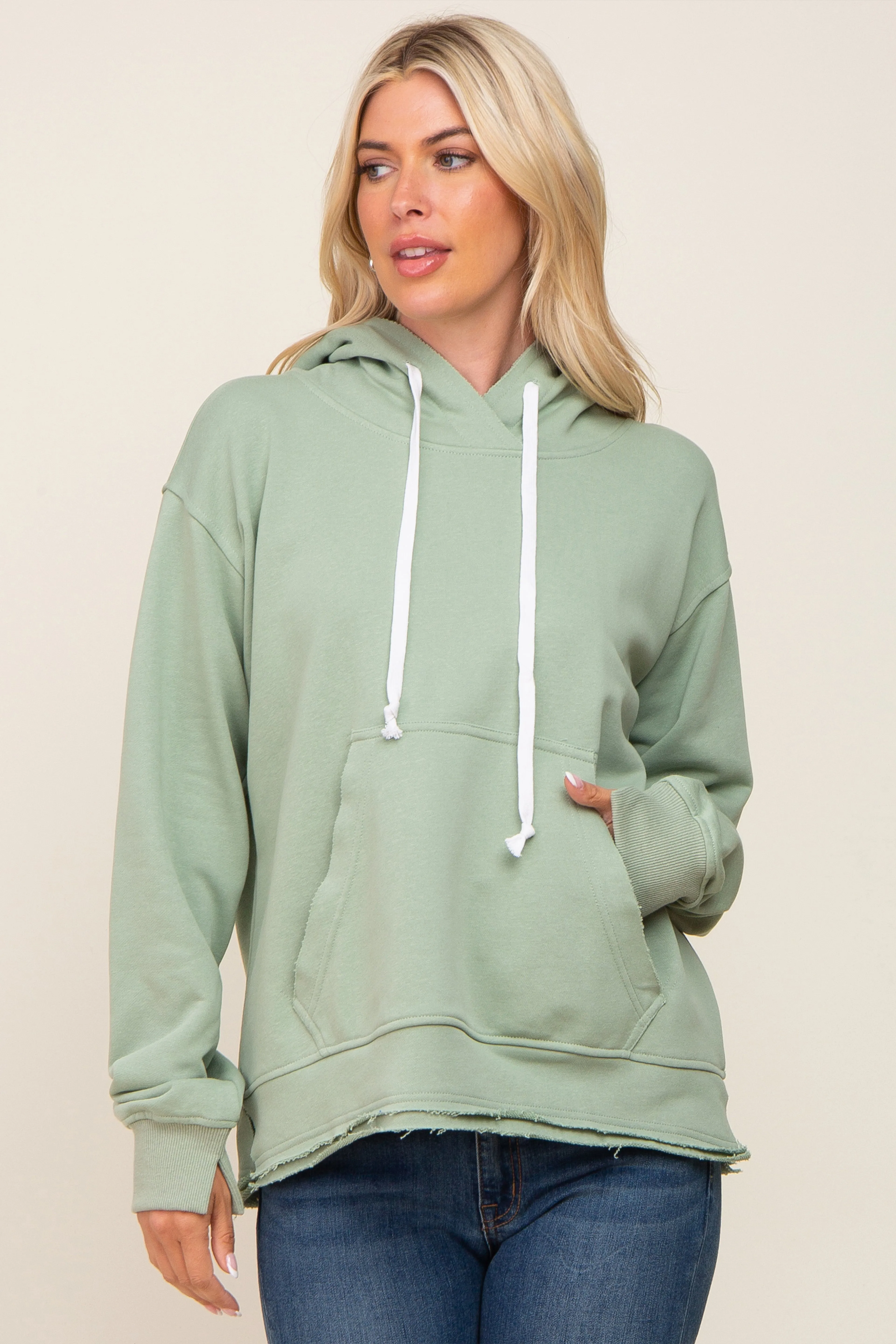 Light Olive Raw Edge Trim Maternity Drawstring Hoodie sold by Pinkblush product image thumbnail 5