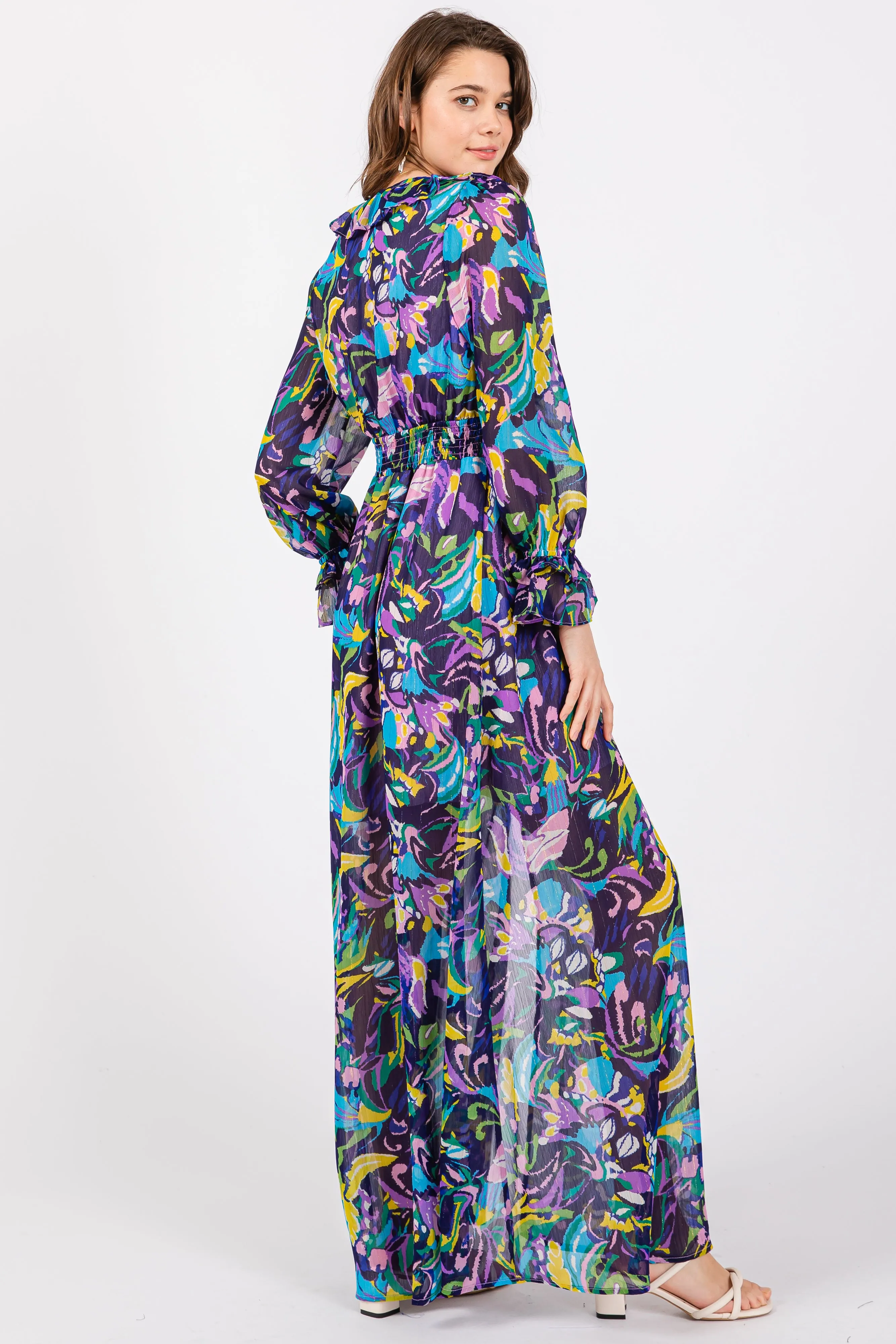 Purple Print Ruffle Long Sleeve Maxi Dress sold by Pinkblush product image thumbnail 3