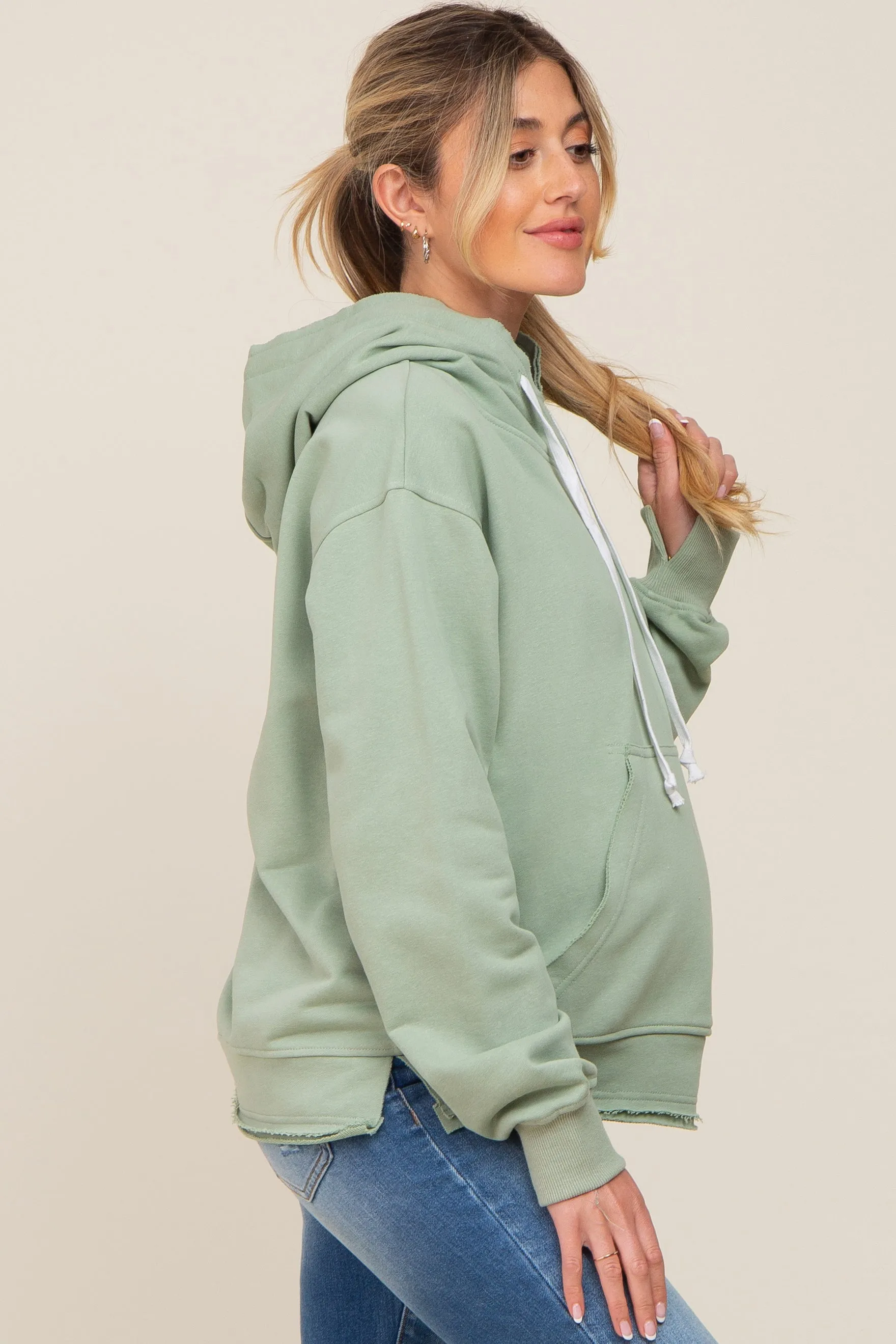 Light Olive Raw Edge Trim Maternity Drawstring Hoodie sold by Pinkblush product image thumbnail 2