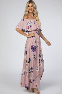 Mauve Floral Flounce Off Shoulder Maxi Dress sold by Pinkblush