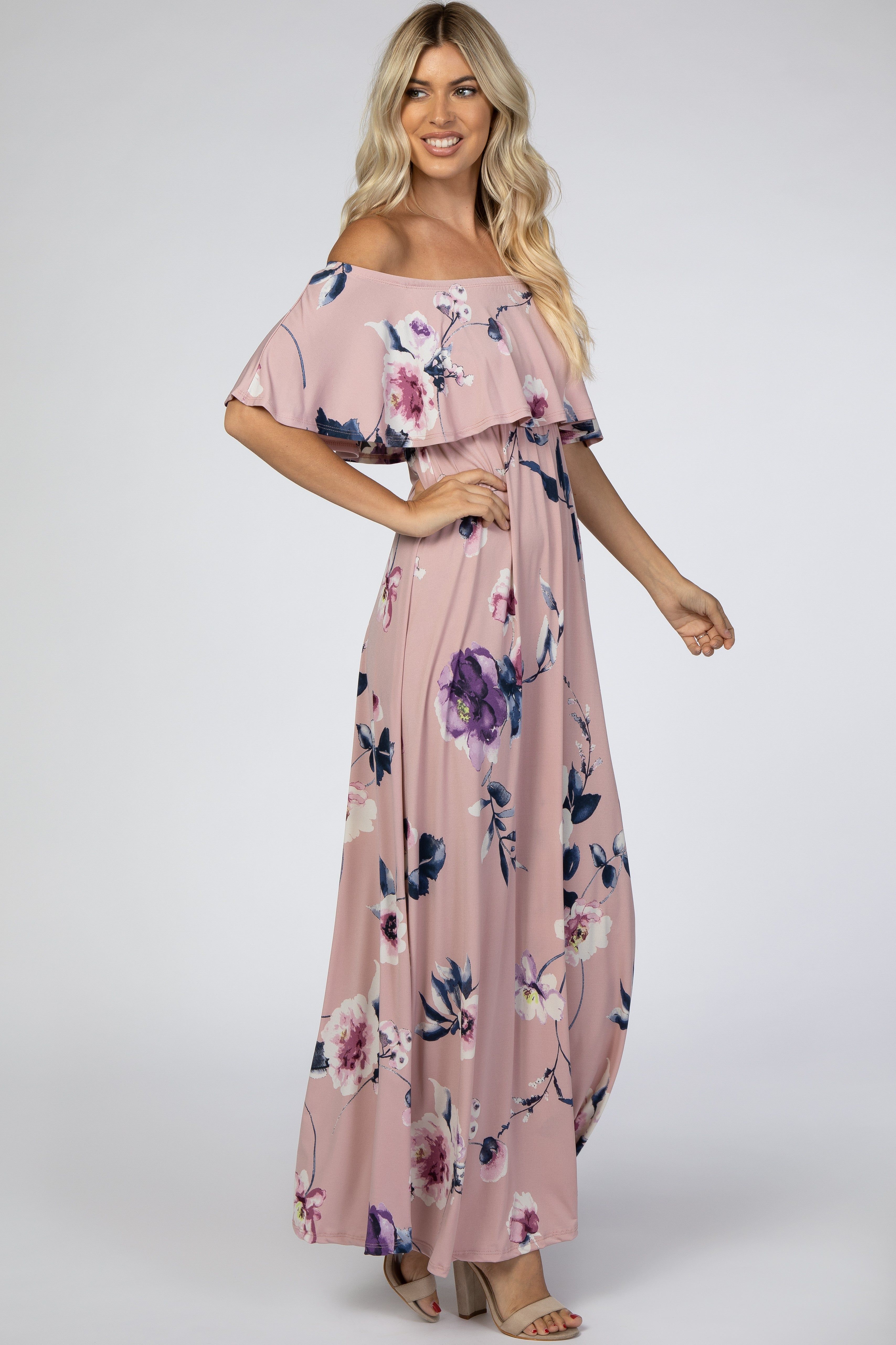 Mauve Floral Flounce Off Shoulder Maxi Dress sold by Pinkblush product image thumbnail 2
