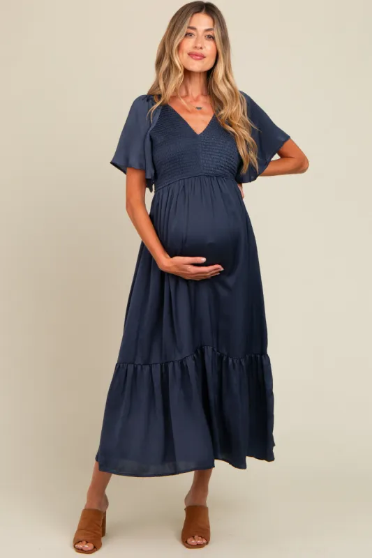 Navy Blue Satin Smocked Maternity Midi Dress sold by Pinkblush