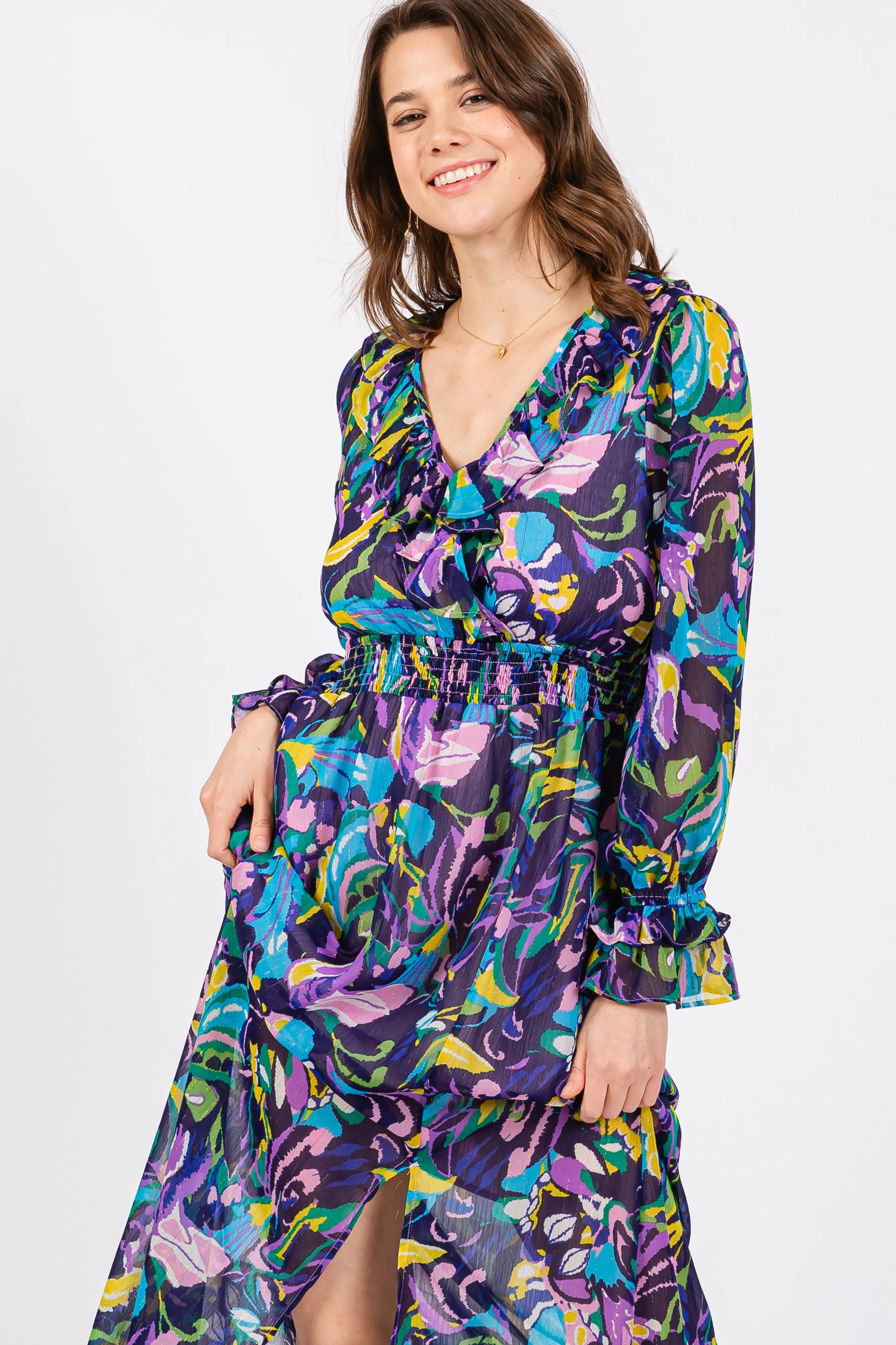 Purple Print Ruffle Long Sleeve Maxi Dress sold by Pinkblush product image thumbnail 4