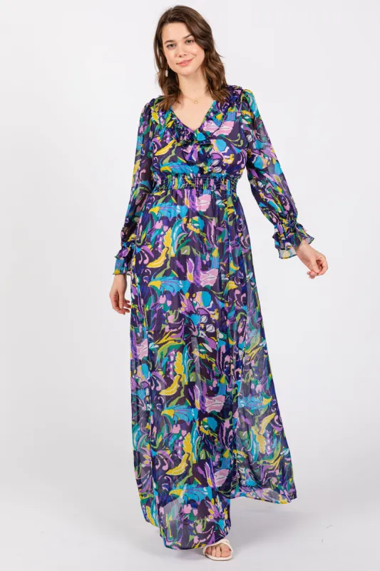 Purple Print Ruffle Long Sleeve Maxi Dress sold by Pinkblush
