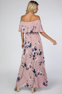 Mauve Floral Flounce Off Shoulder Maxi Dress sold by Pinkblush