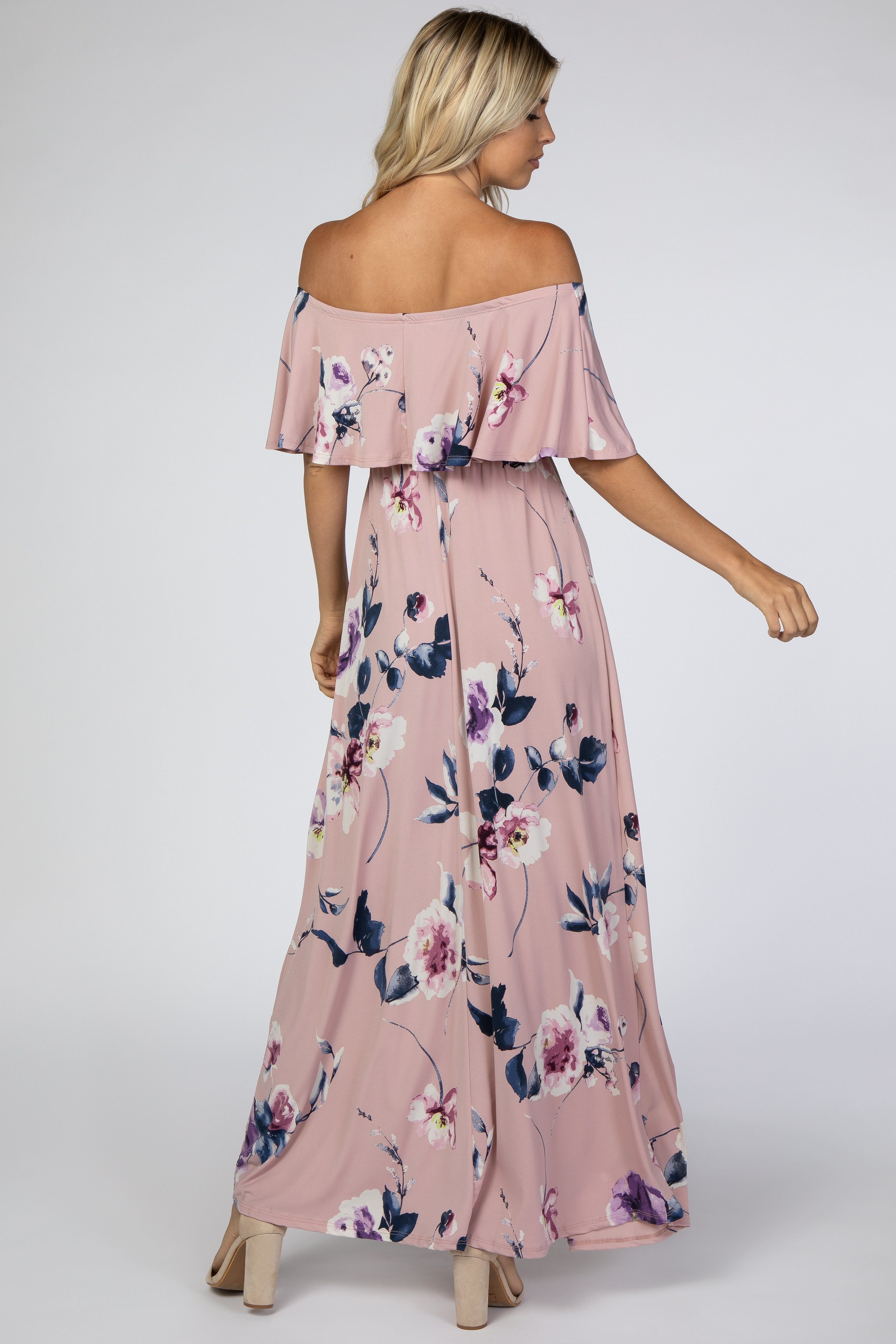 Mauve Floral Flounce Off Shoulder Maxi Dress sold by Pinkblush product image thumbnail 3