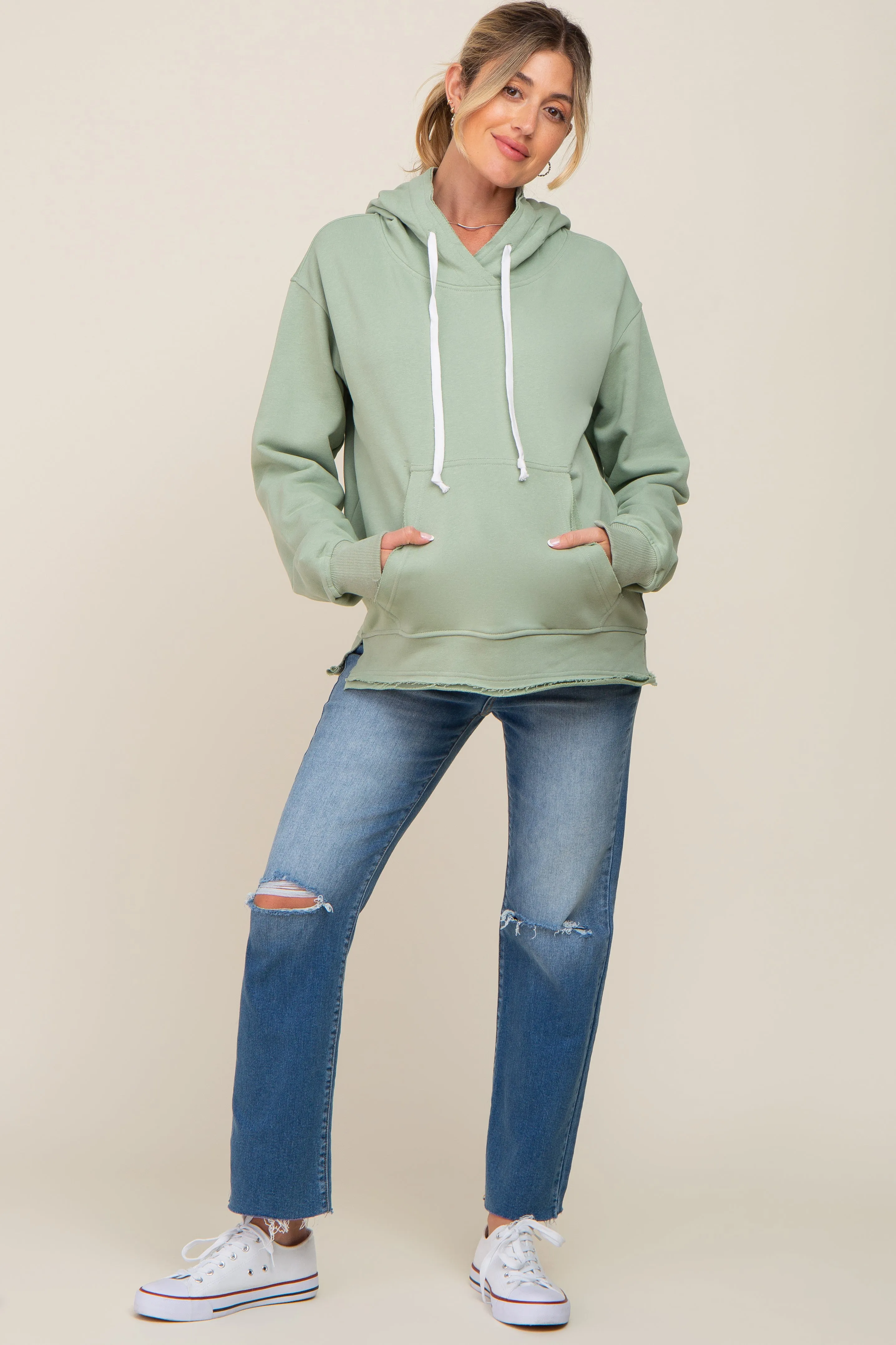 Light Olive Raw Edge Trim Maternity Drawstring Hoodie sold by Pinkblush product image thumbnail 4