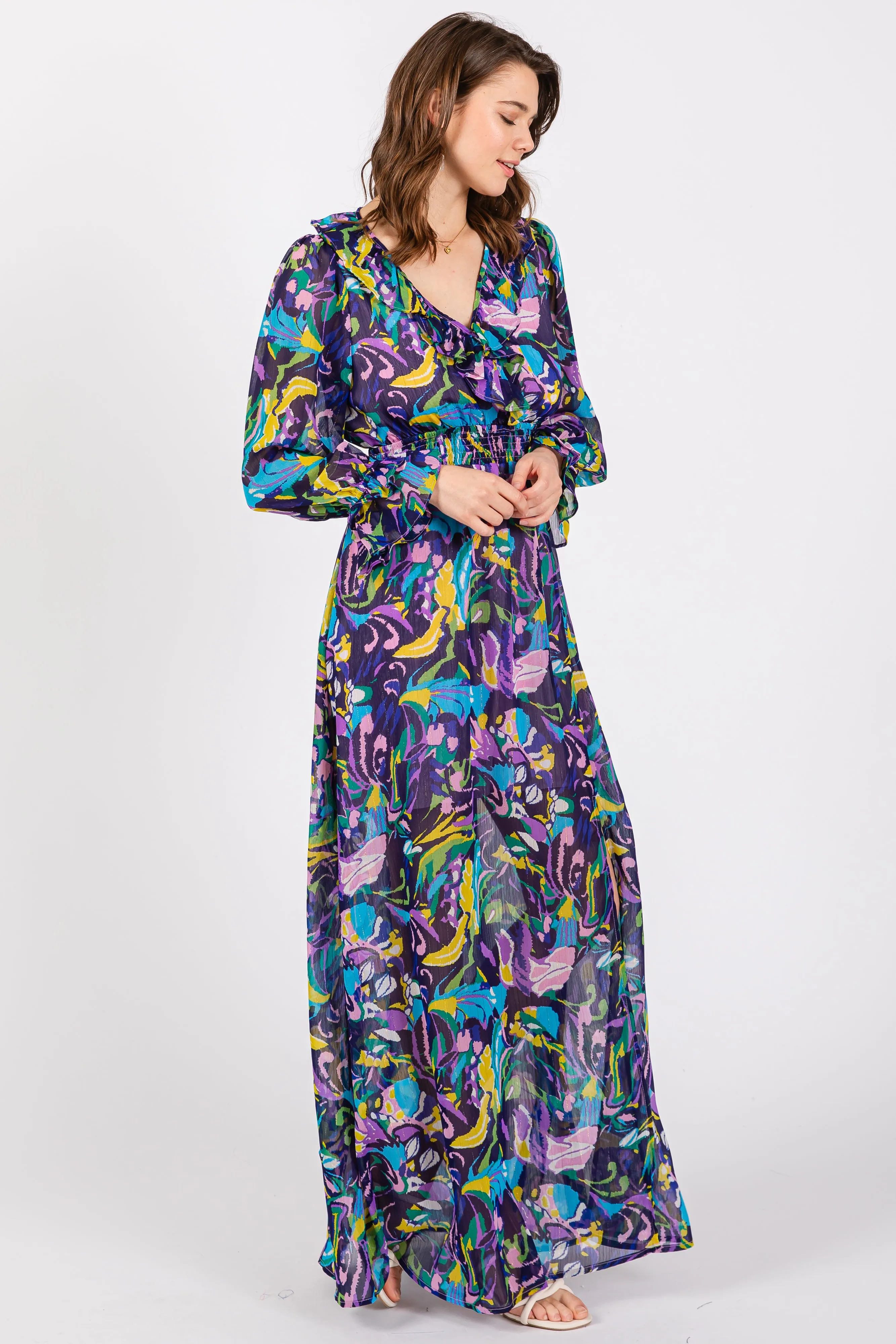 Purple Print Ruffle Long Sleeve Maxi Dress sold by Pinkblush product image thumbnail 2