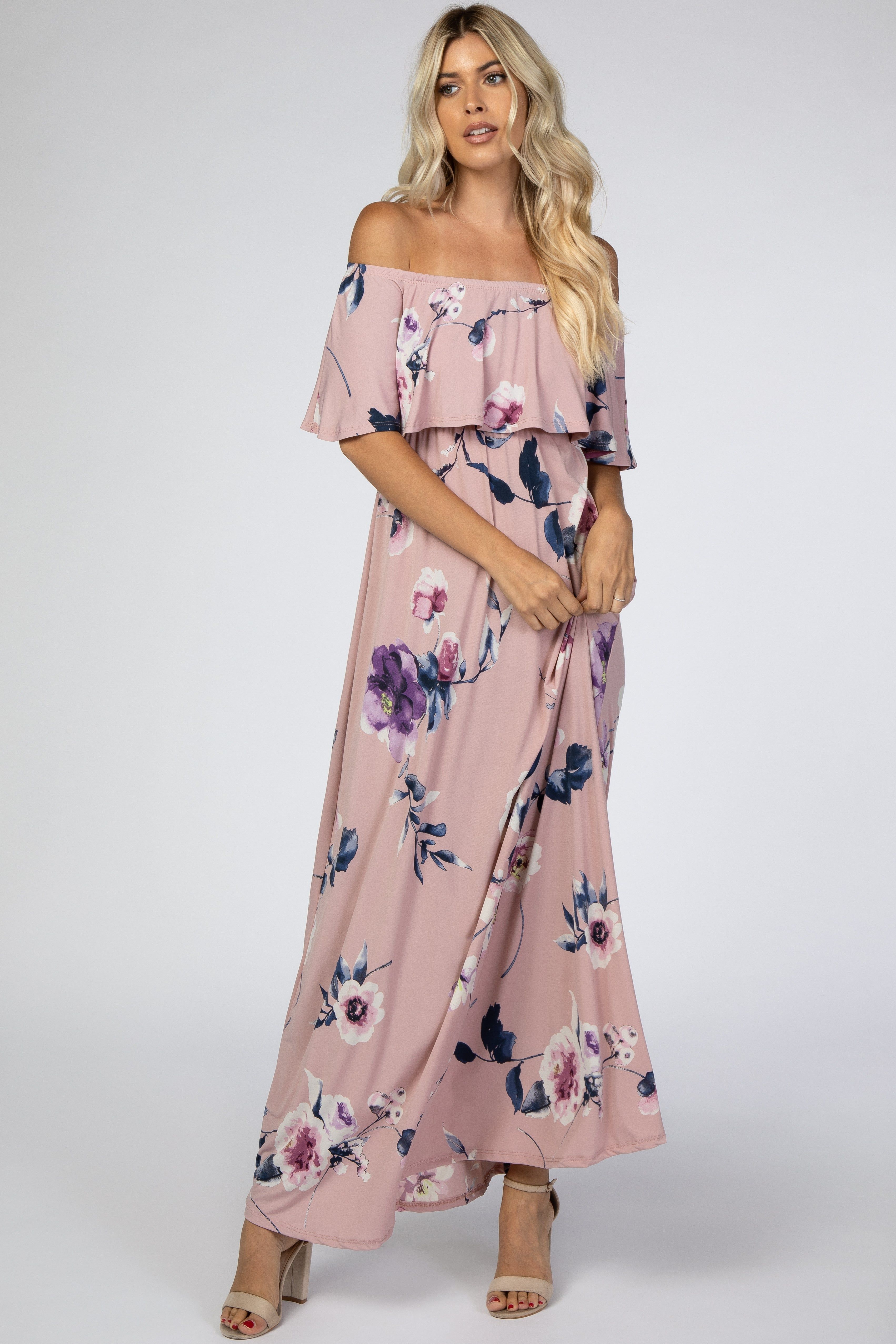 Mauve Floral Flounce Off Shoulder Maxi Dress sold by Pinkblush