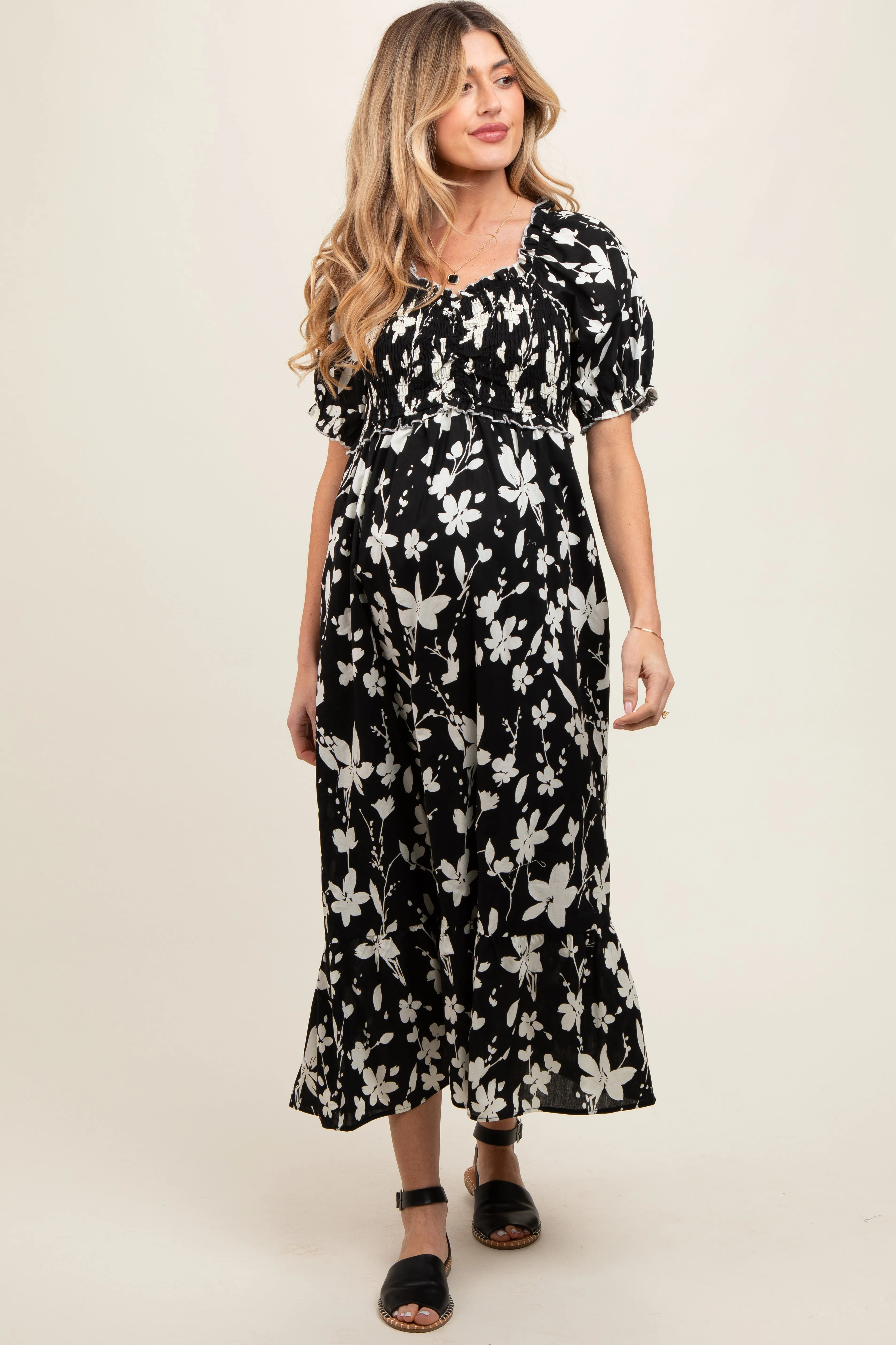 Black Floral Puff Sleeve Maternity Midi Dress sold by Pinkblush