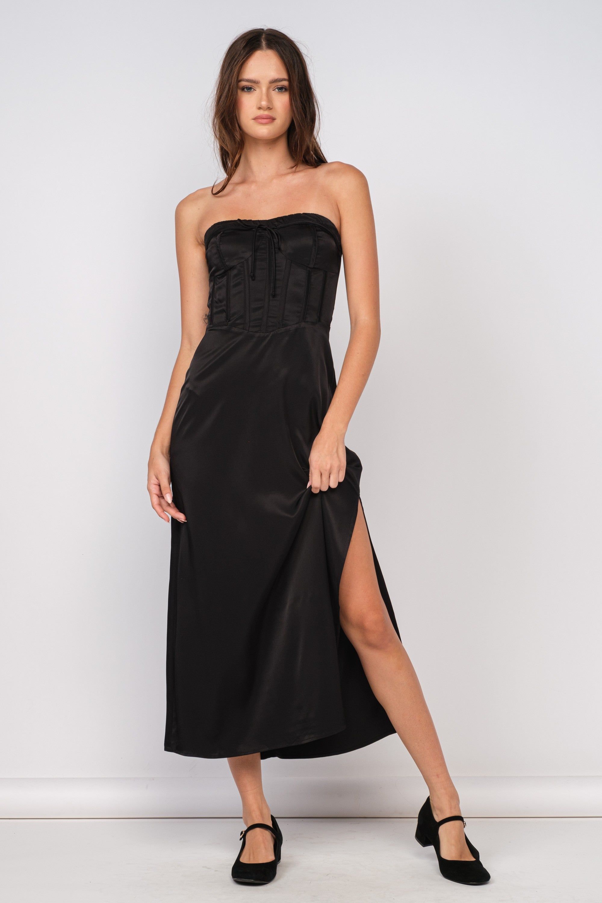 Black Silky Strapless Midi Dress sold by Pinkblush