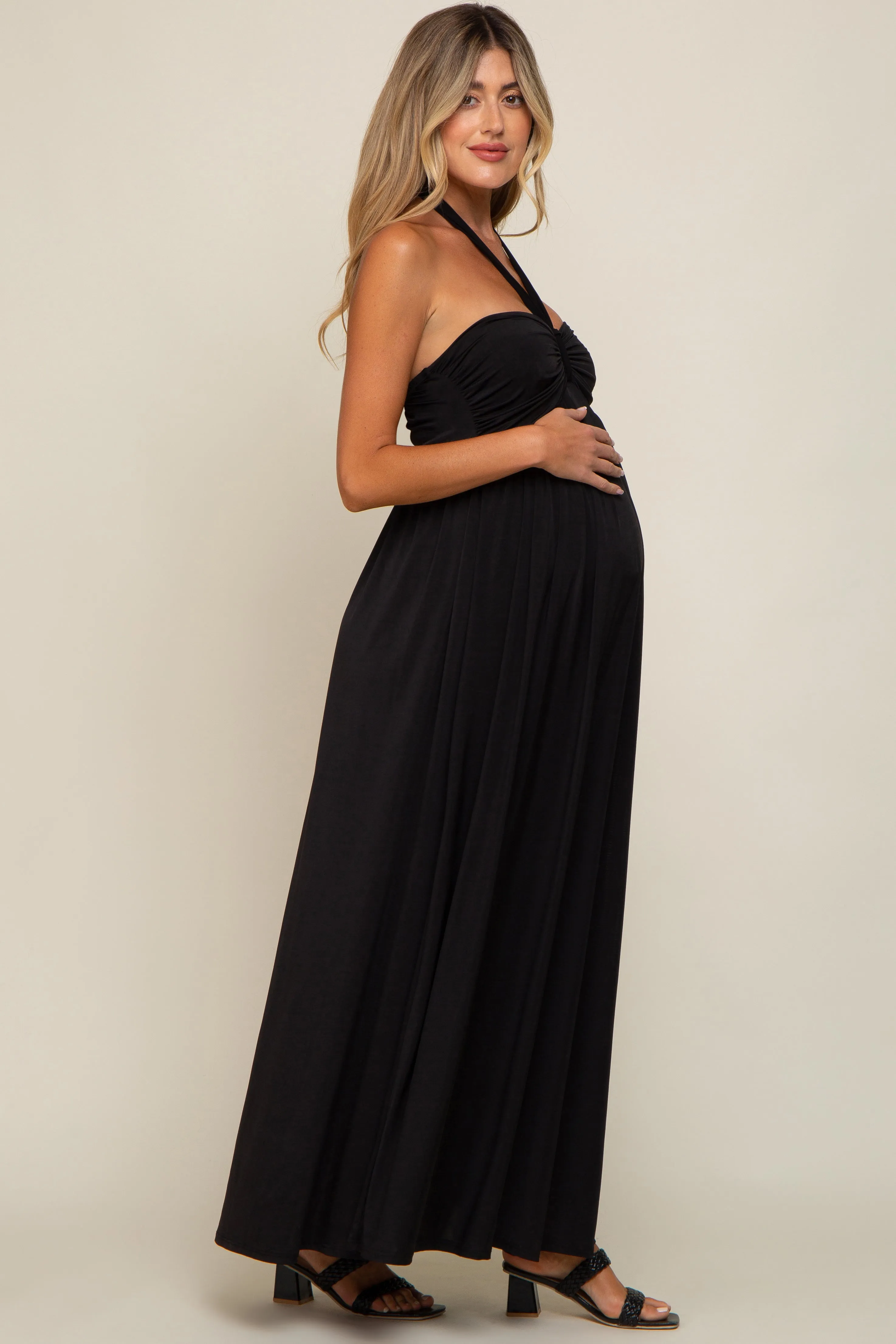Black Front Knot Halter Maternity Maxi Dress sold by Pinkblush product image thumbnail 2