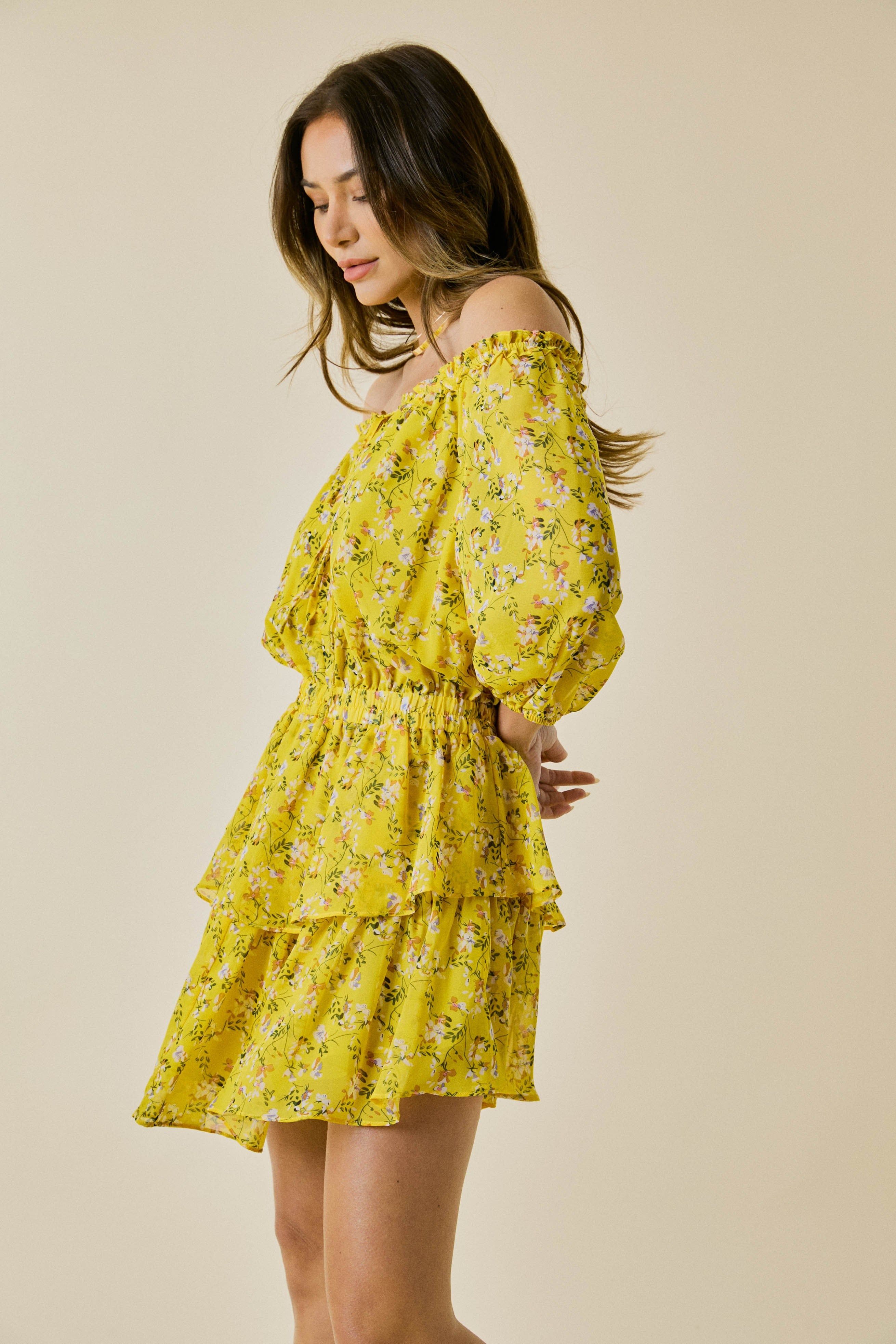 Yellow Floral Printed Smocked Dress sold by Pinkblush product image thumbnail 3