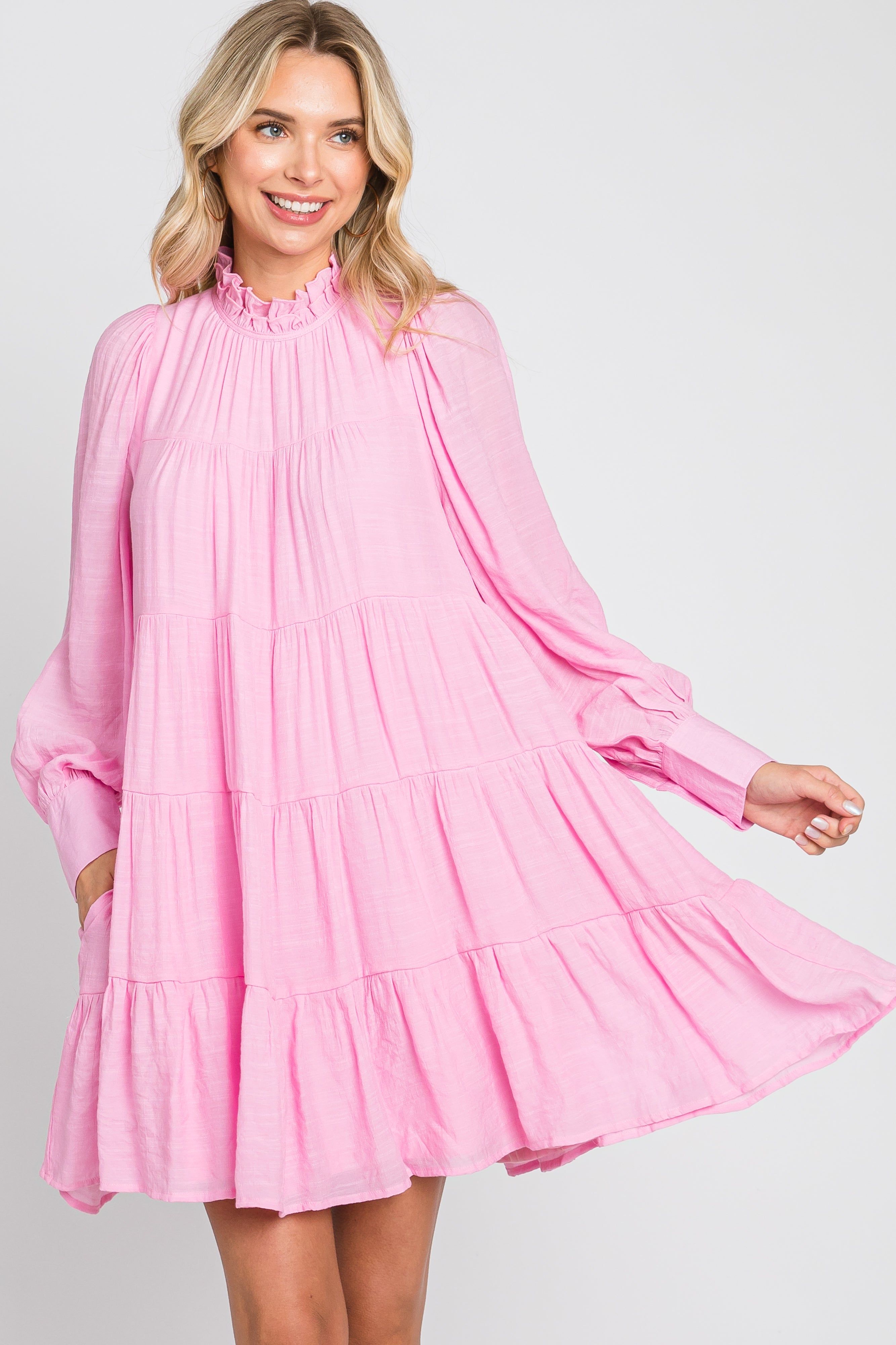 Pink Tiered Long Sleeve Ruffled Dress sold by Pinkblush
