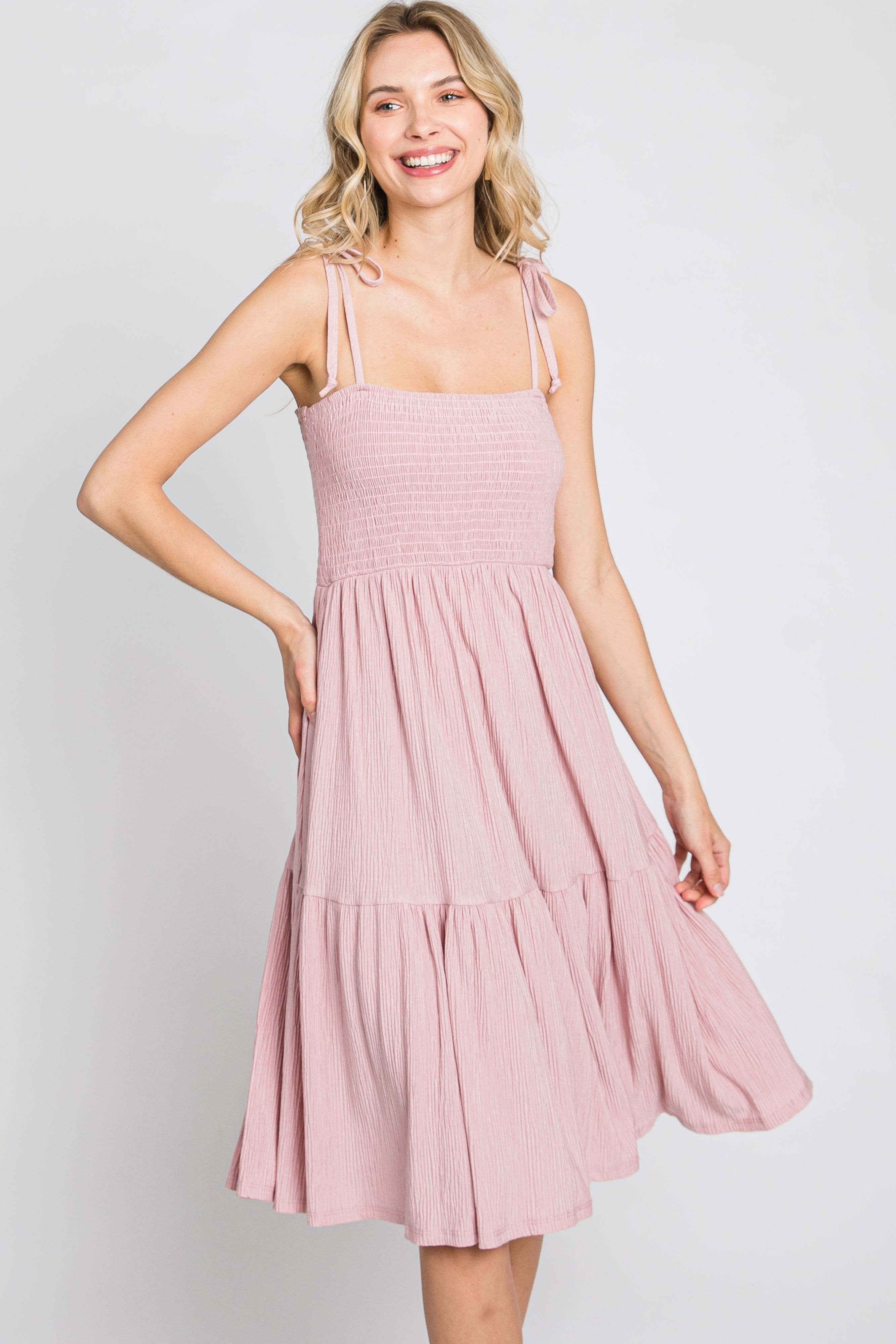 Pink Smocked Shoulder Tie Dress sold by Pinkblush product image thumbnail 3