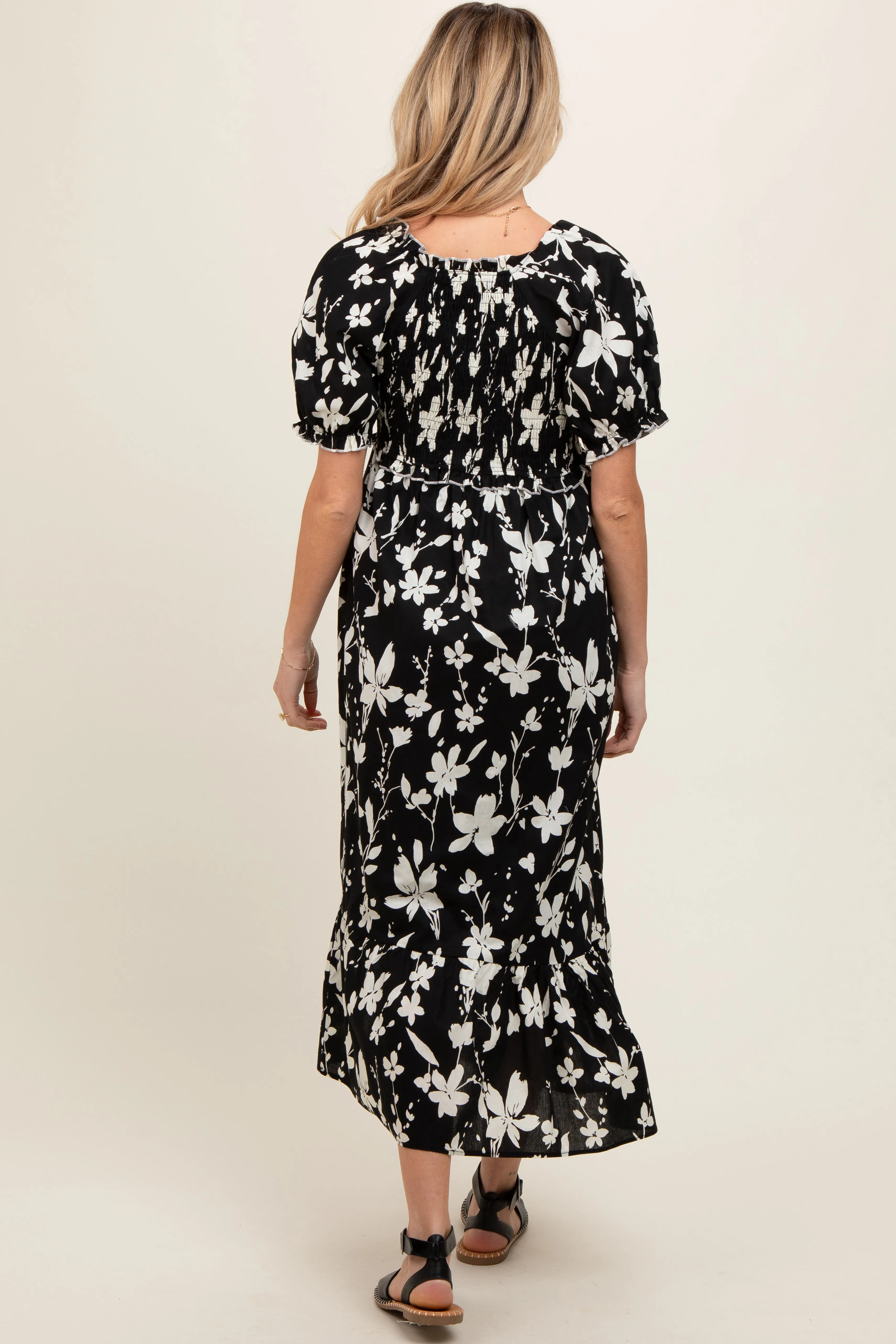 Black Floral Puff Sleeve Maternity Midi Dress sold by Pinkblush product image thumbnail 3