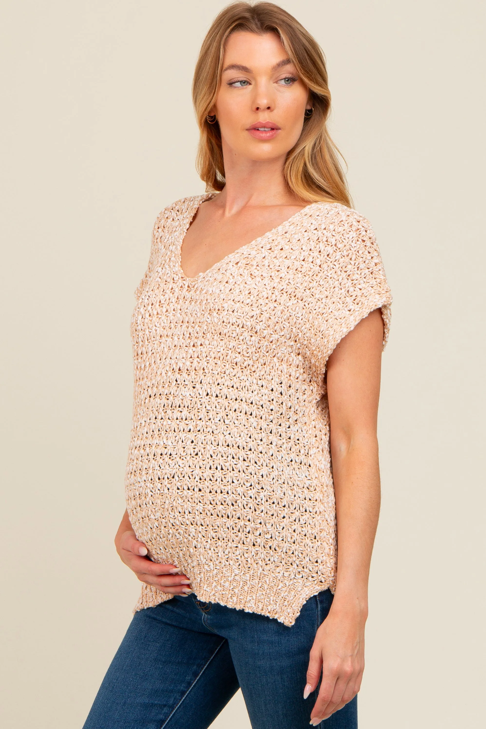 Beige V-Neck Sweater Maternity Top sold by Pinkblush product image thumbnail 2