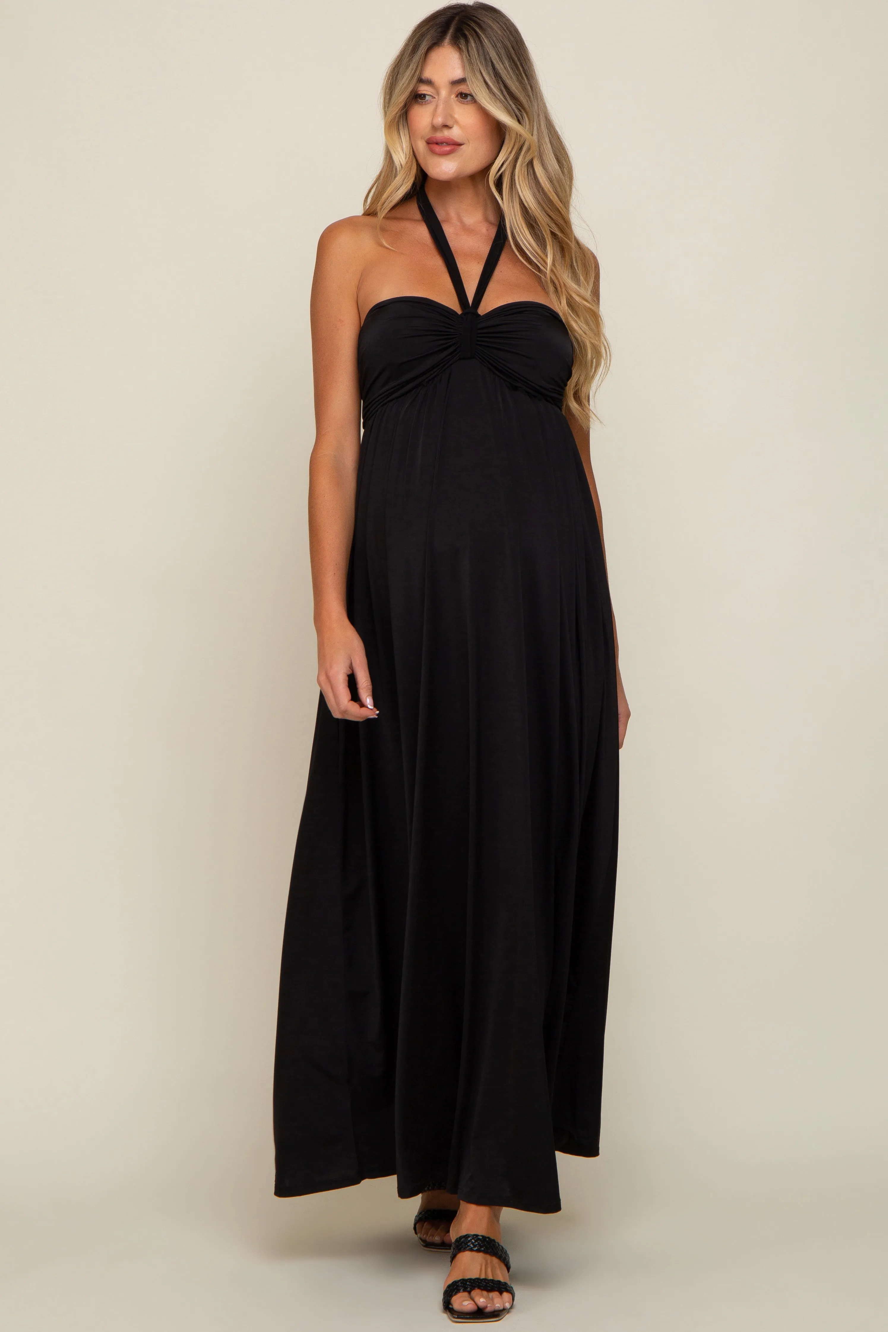 Black Front Knot Halter Maternity Maxi Dress sold by Pinkblush product image thumbnail 4