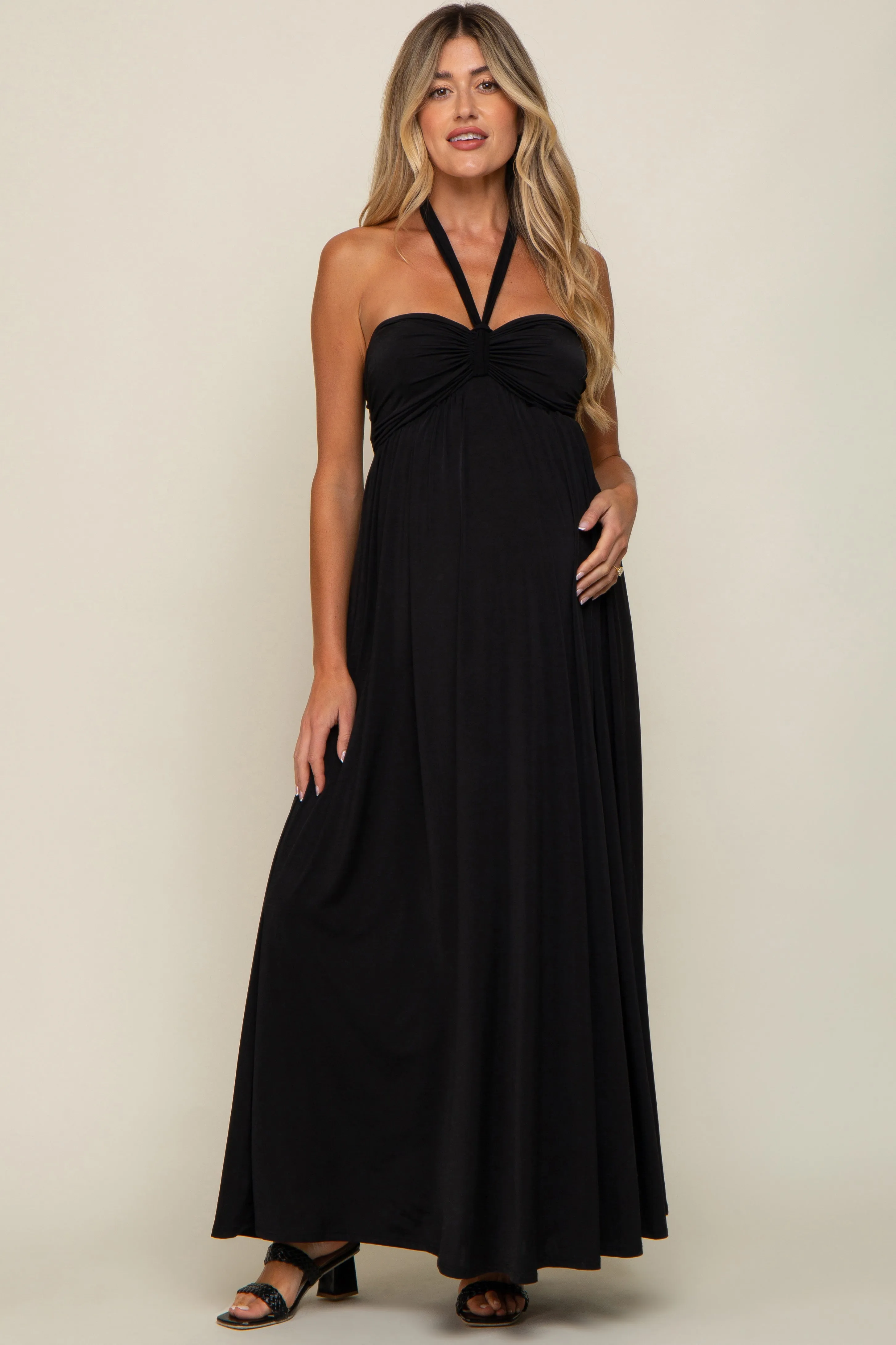 Black Front Knot Halter Maternity Maxi Dress sold by Pinkblush
