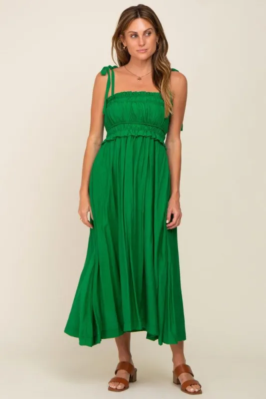 Green Shirred Shoulder Tie Midi Dress sold by Pinkblush