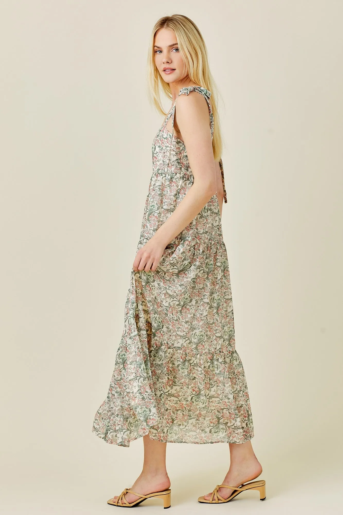 Cream Floral Shoulder Tie Tiered Maxi Dress sold by Pinkblush product image thumbnail 2
