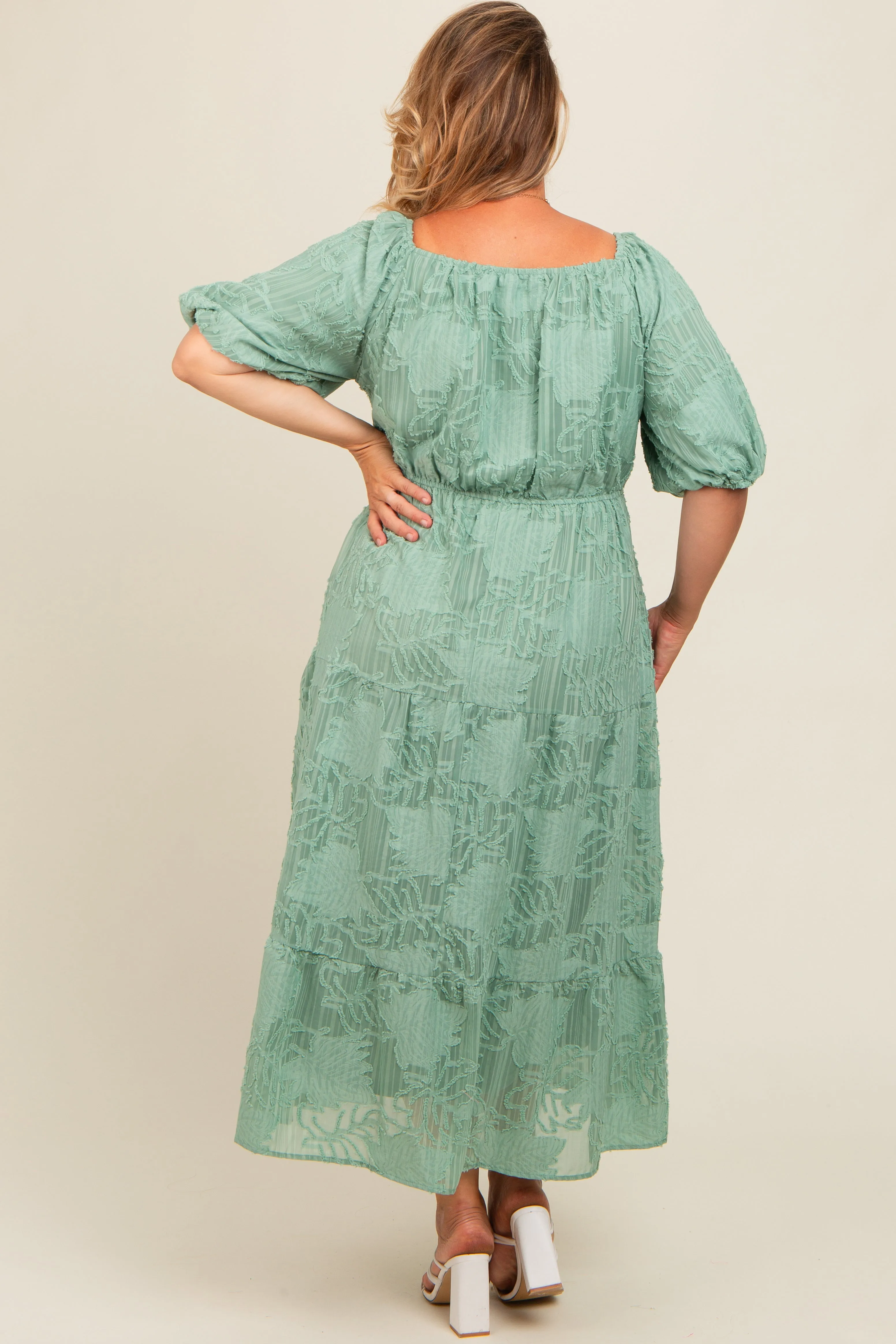 Light Olive Embroidered Leaf Print Striped Maternity Plus Maxi Dress sold by Pinkblush product image thumbnail 4