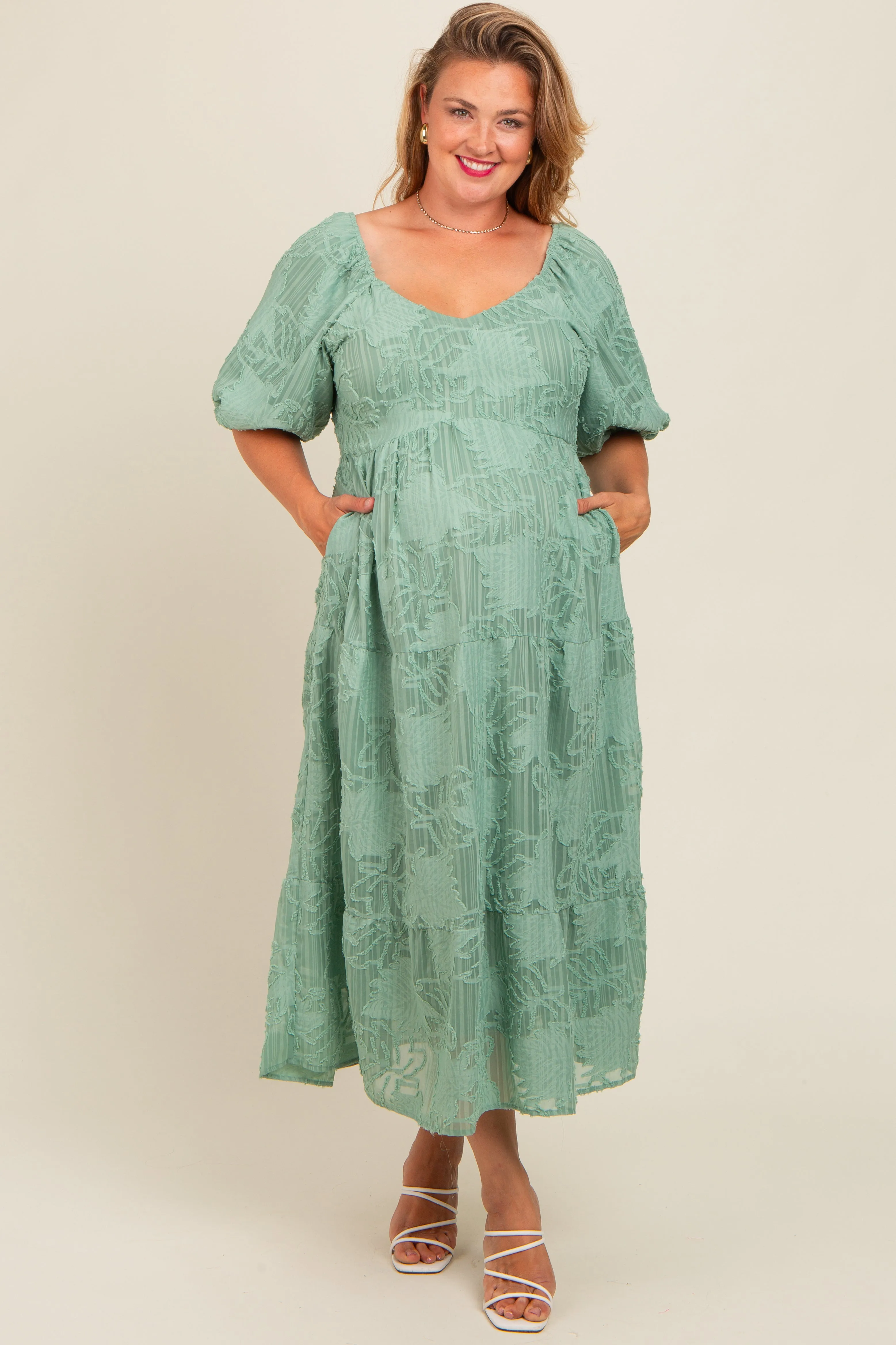 Light Olive Embroidered Leaf Print Striped Maternity Plus Maxi Dress sold by Pinkblush