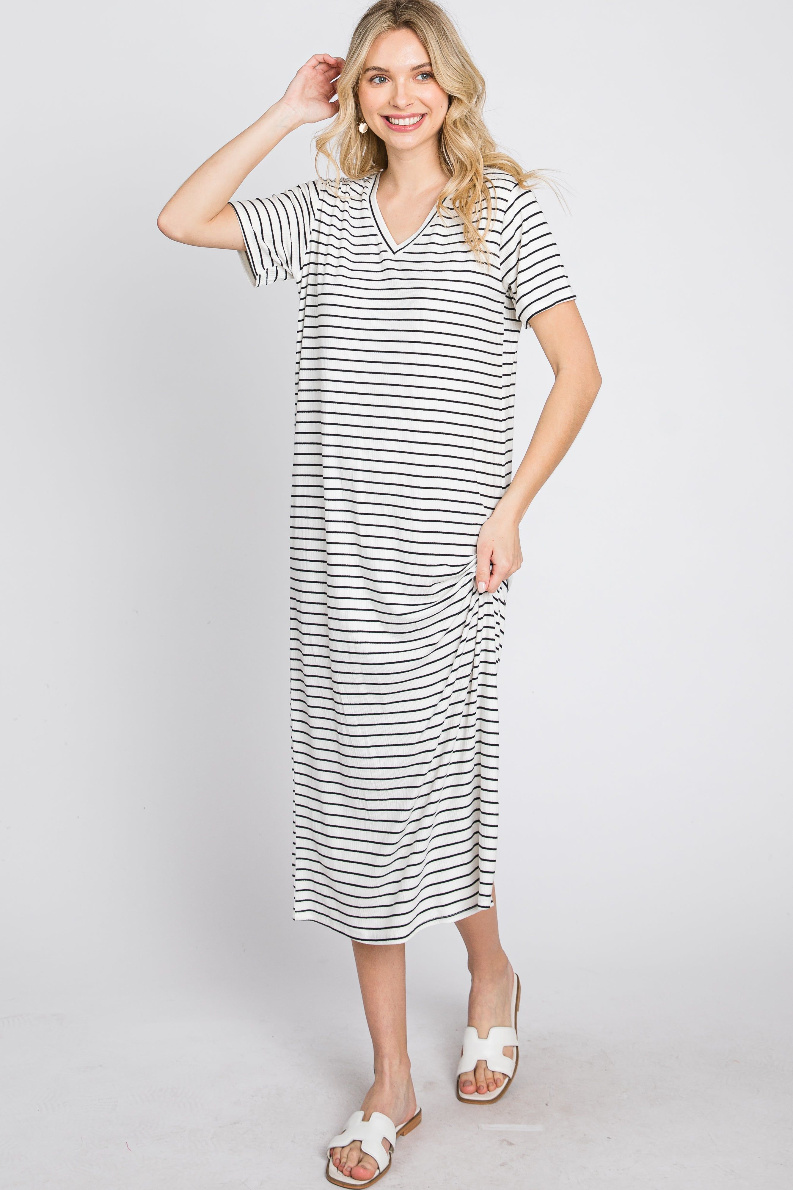 Ivory Striped Ribbed Maternity Midi Dress sold by Pinkblush product image thumbnail 4