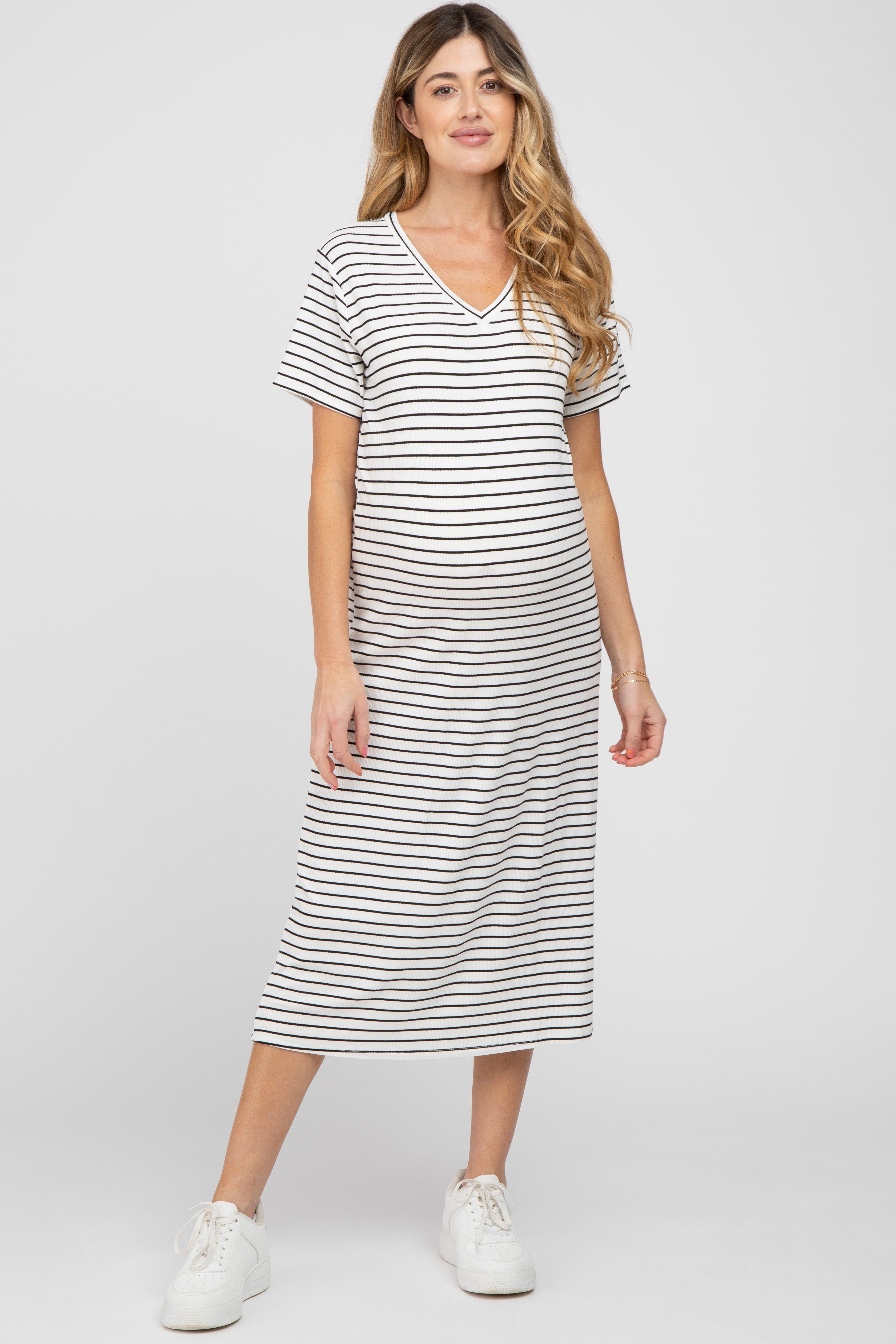 Ivory Striped Ribbed Maternity Midi Dress sold by Pinkblush