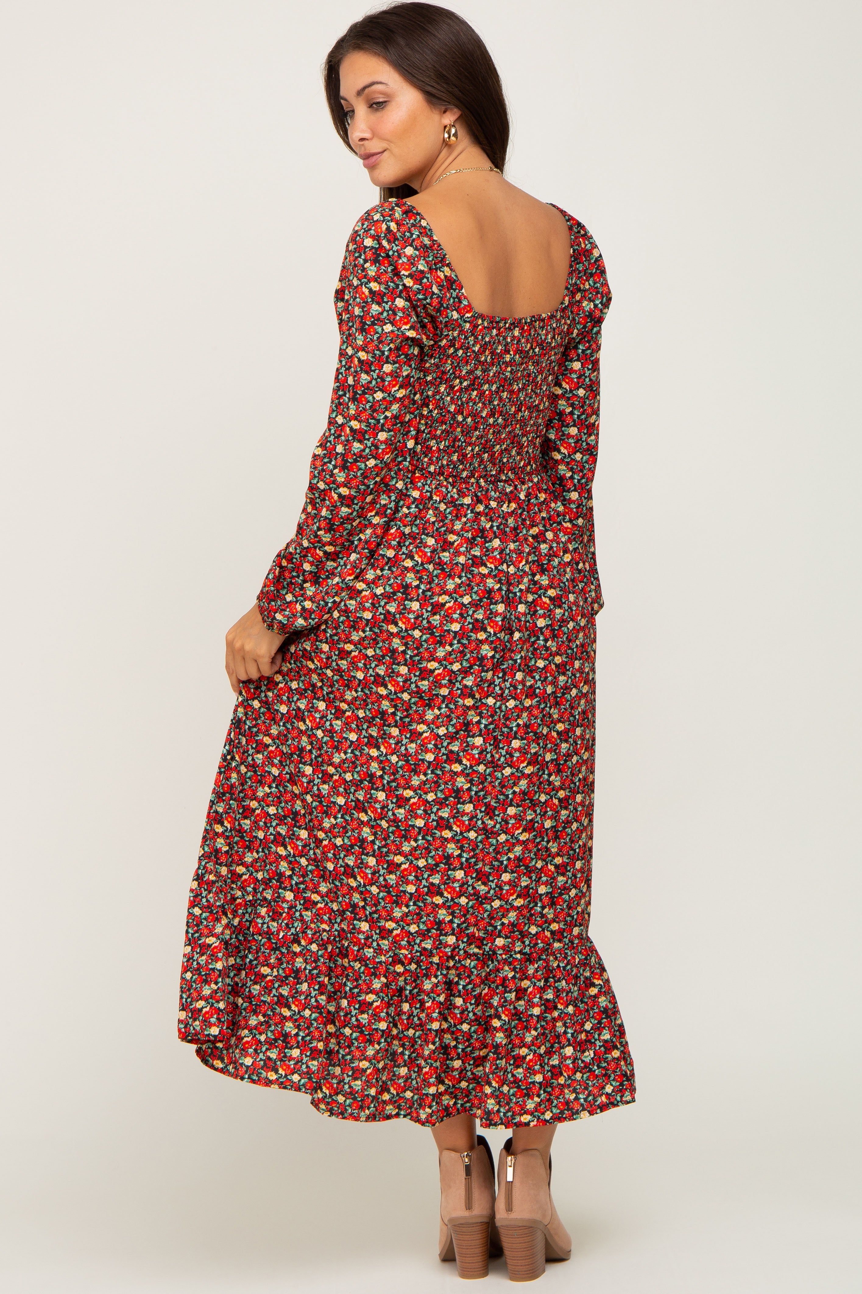 Black Floral Smocked Long Sleeve Maternity Midi Dress sold by Pinkblush product image thumbnail 3
