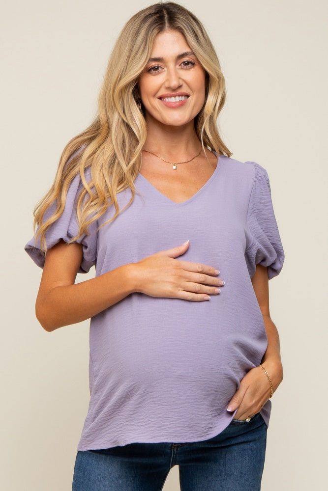Lavender Puff Sleeve V-Neck Maternity Top sold by Pinkblush
