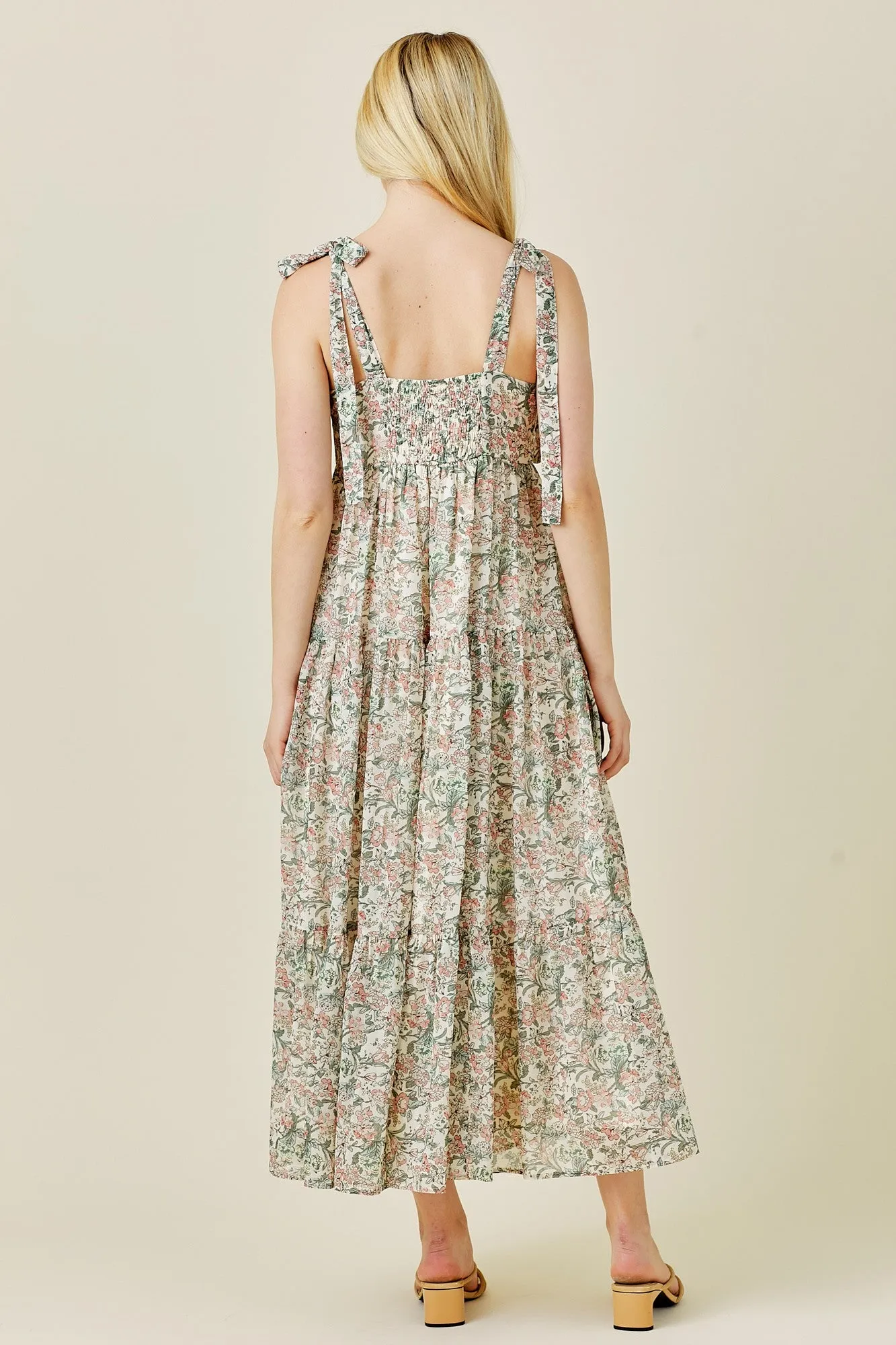Cream Floral Shoulder Tie Tiered Maxi Dress sold by Pinkblush product image thumbnail 3