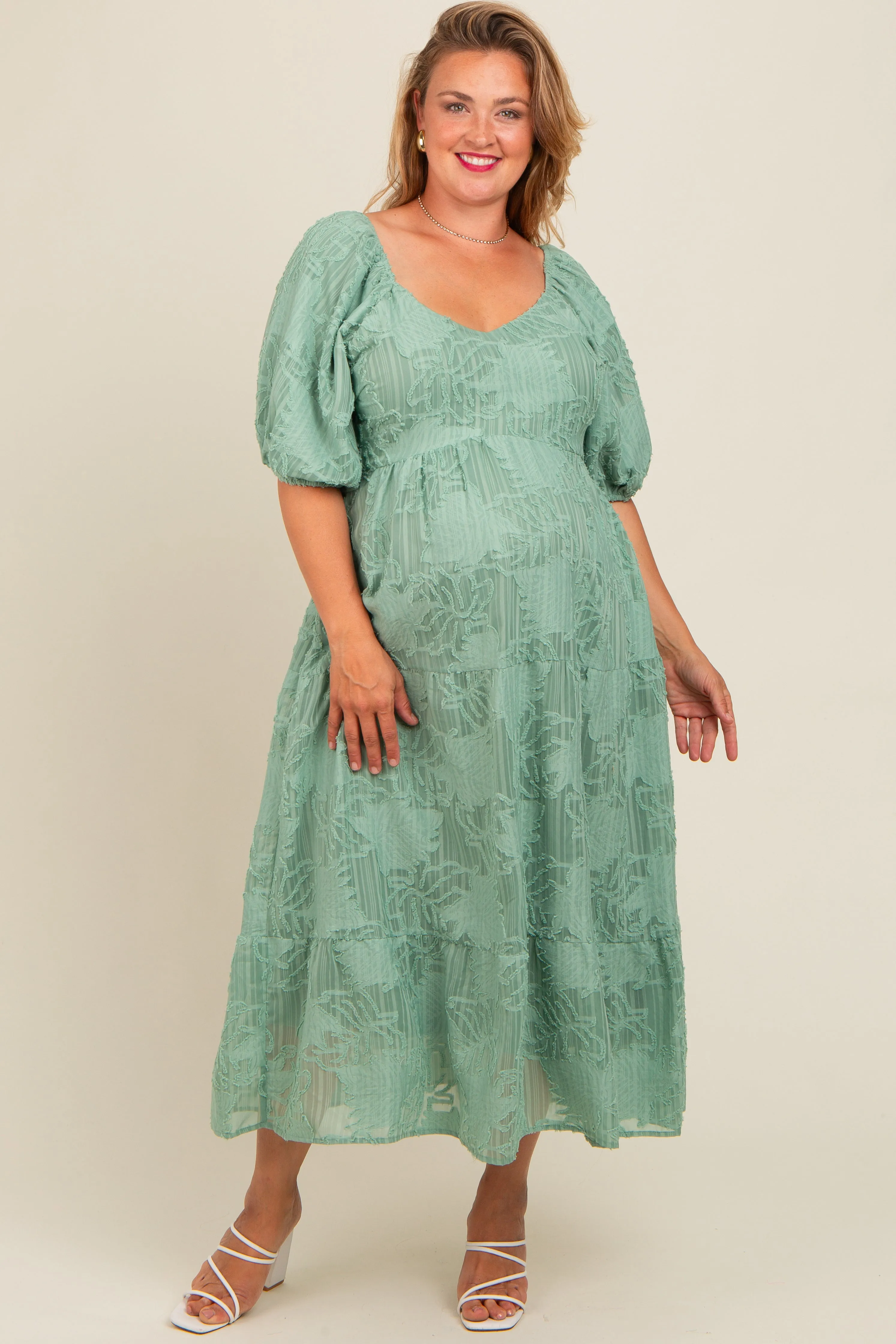Light Olive Embroidered Leaf Print Striped Maternity Plus Maxi Dress sold by Pinkblush product image thumbnail 2