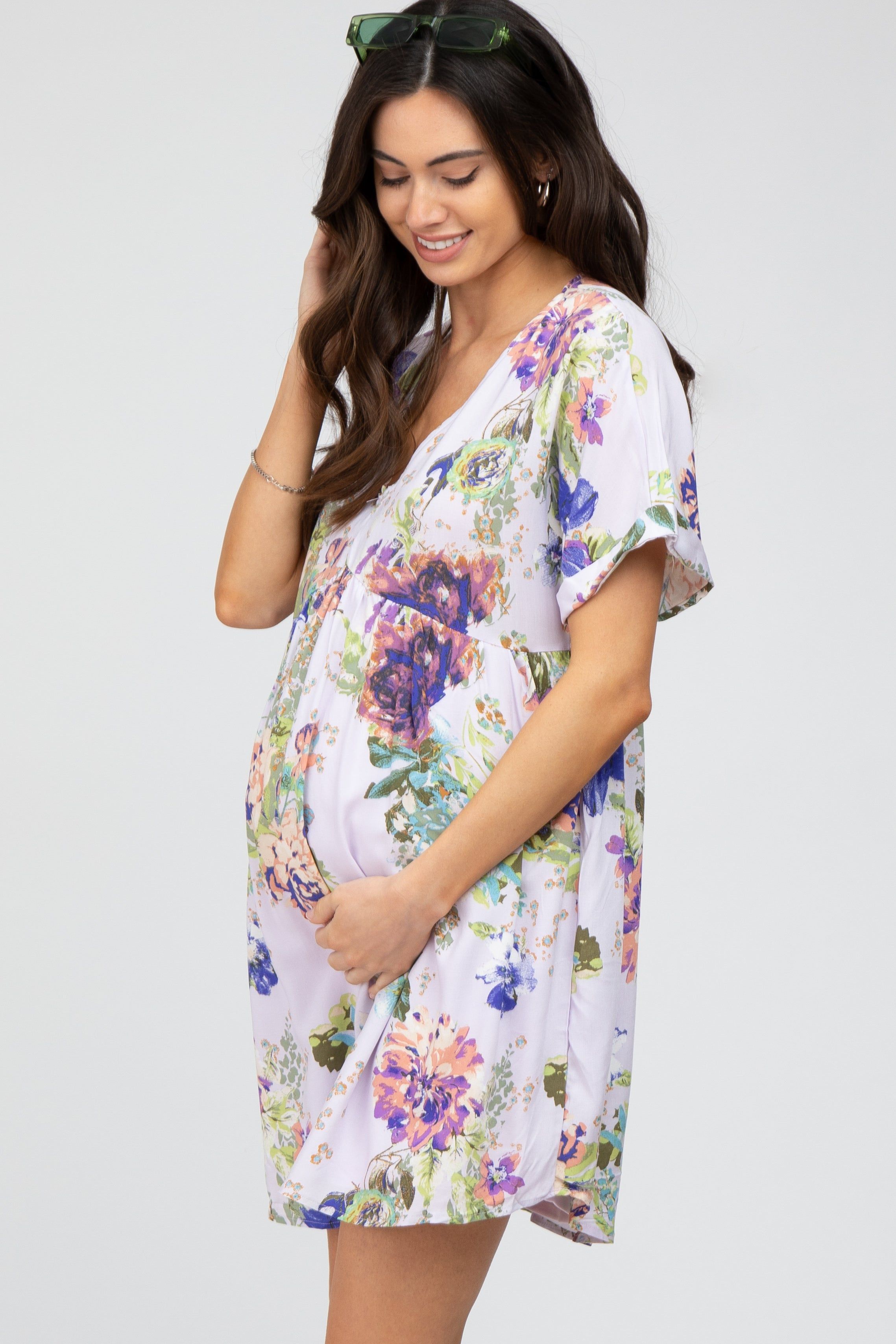 Lavender Floral V-Neck Maternity Dress sold by Pinkblush product image thumbnail 2