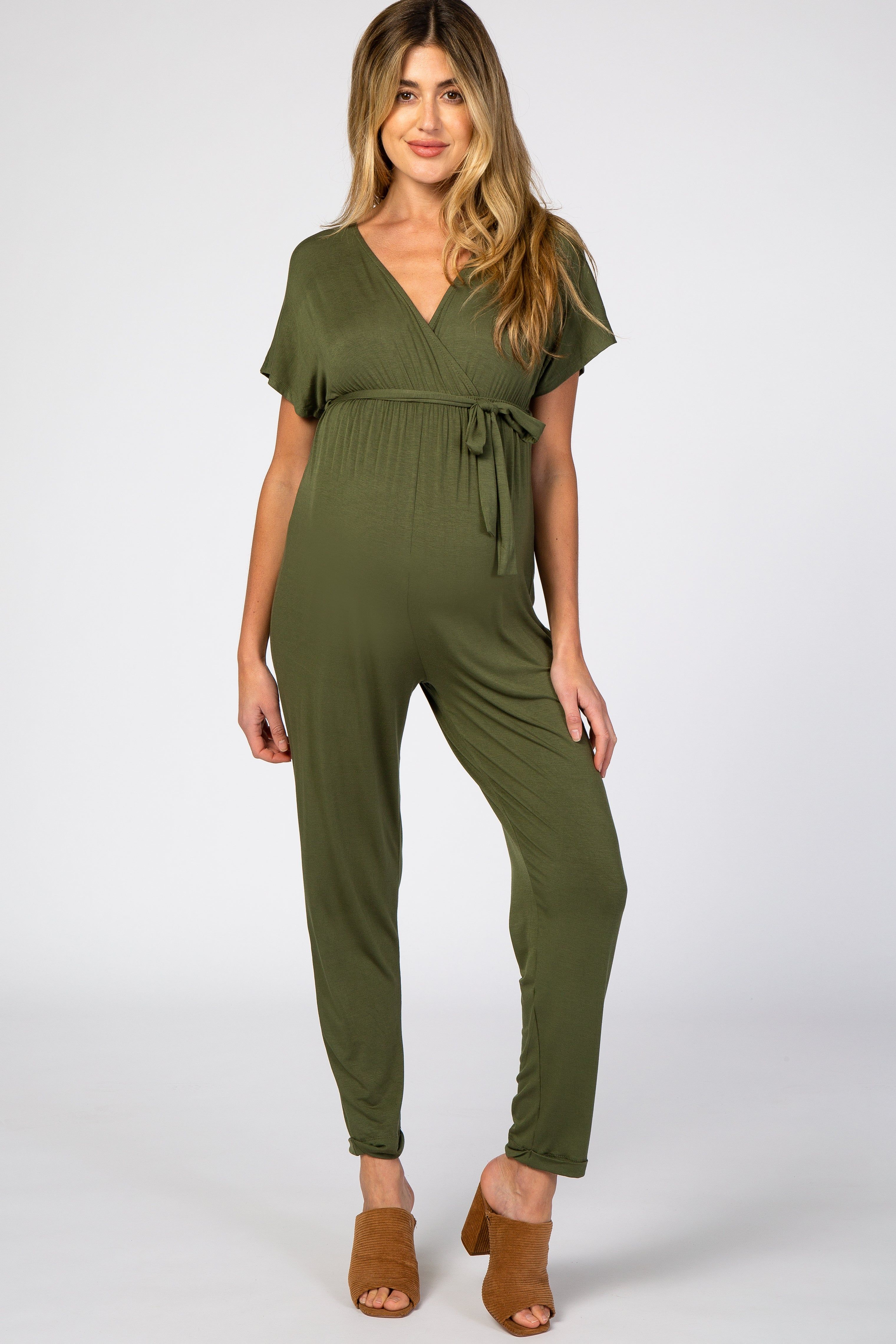 Olive Wrap Tie Maternity Jumpsuit sold by Pinkblush
