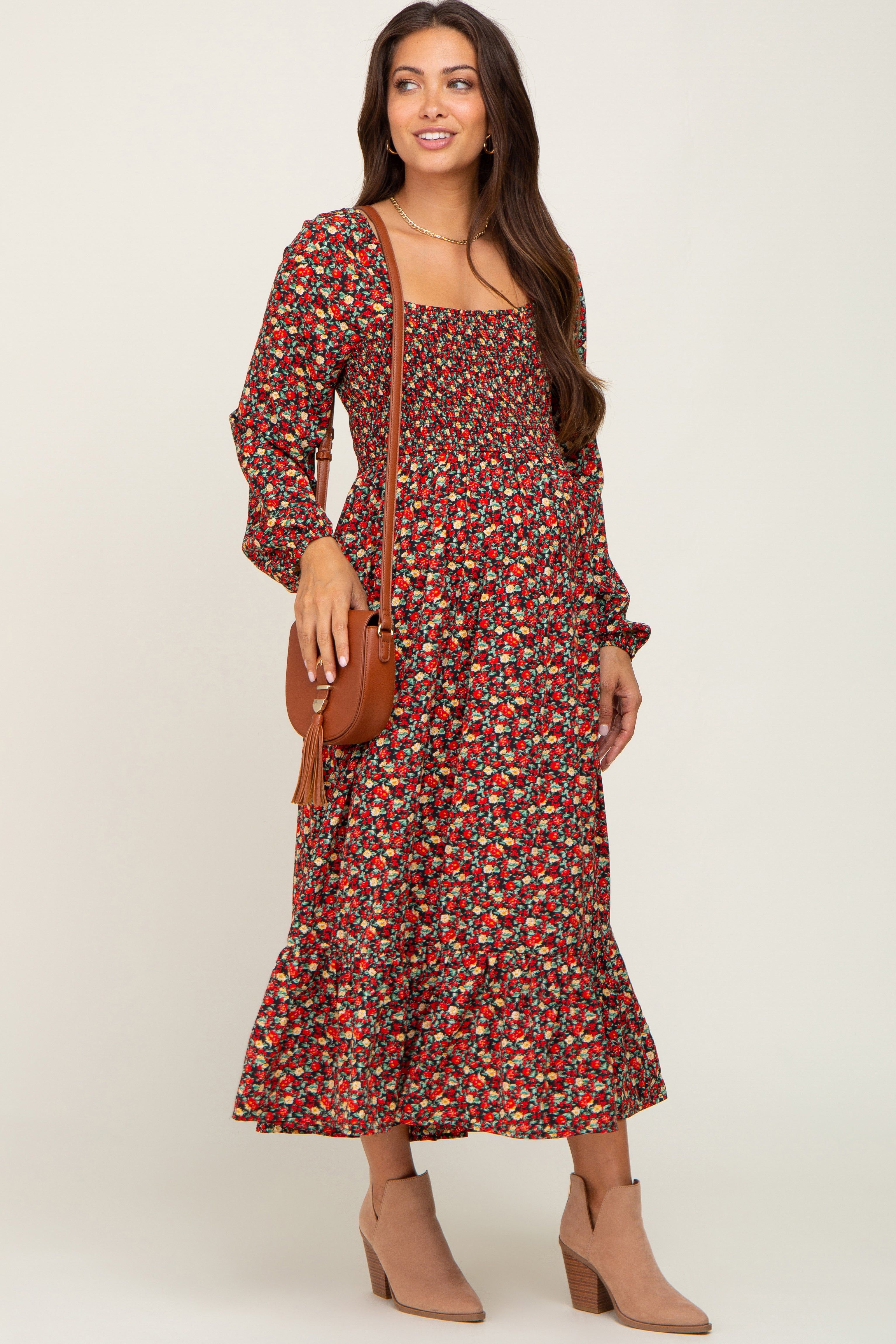 Black Floral Smocked Long Sleeve Maternity Midi Dress sold by Pinkblush
